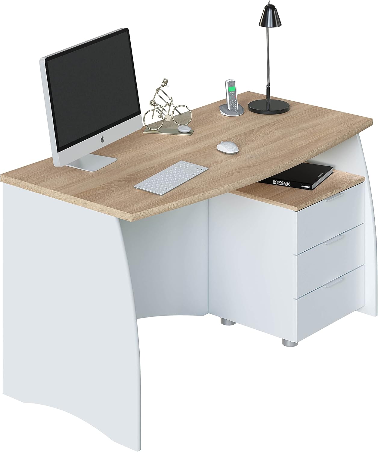 Habitdesign Mesa de Despacho con 3 Cajones, Mesa de Oficina o Estudio, Modelo Stil, Acabado en Balnco Artik y Roble Canadian, Medidas: 136 cm (Ancho) x 67 cm (Fondo) x 74 cm (Alto)