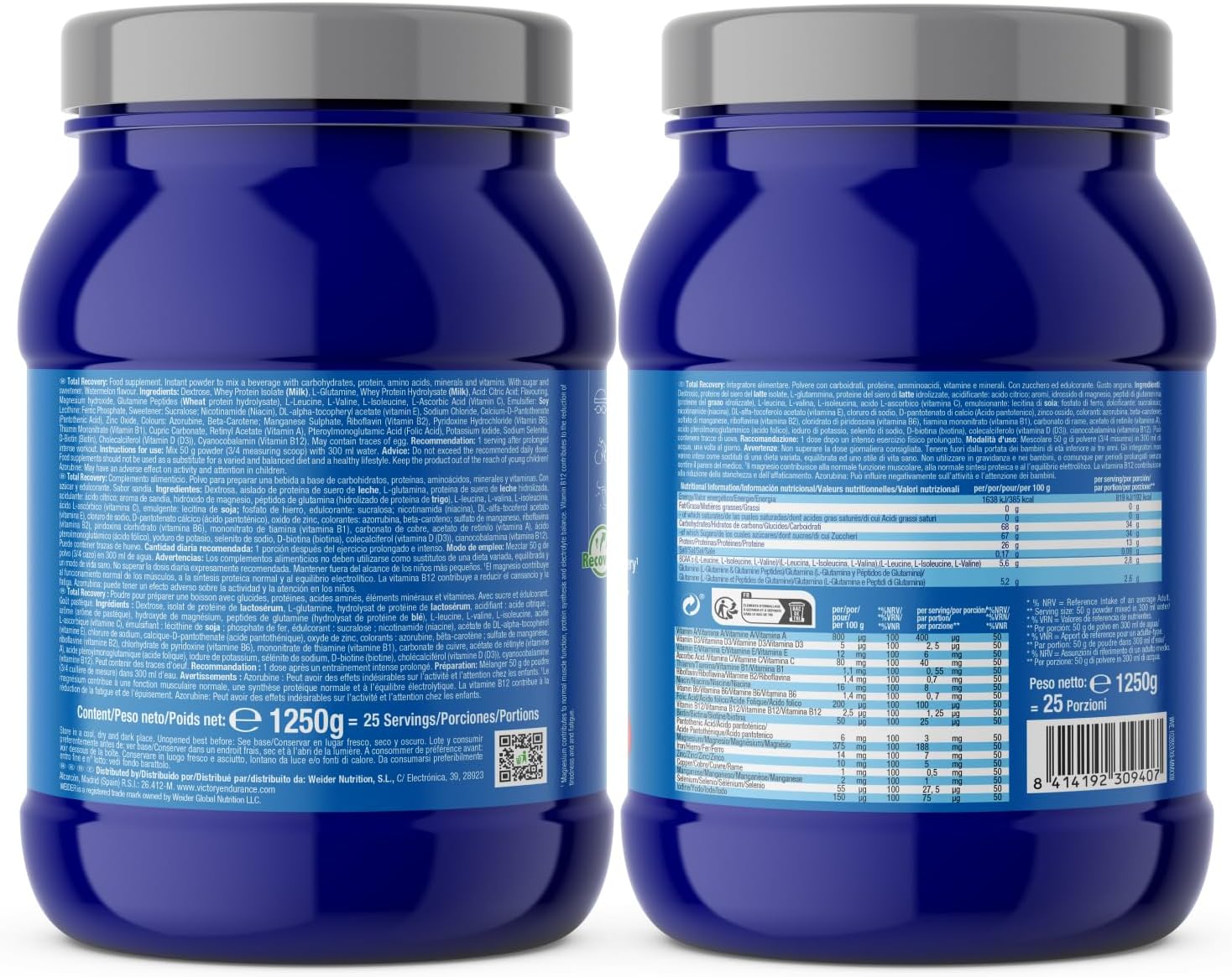 Victory Endurance Total Recovery (1250 g) sabor melancia, preparado para beber pós-treino de hidratos e proteínas, com BCAA 2:1:1, 12 vitaminas e 9 minerais, recuperação rápida