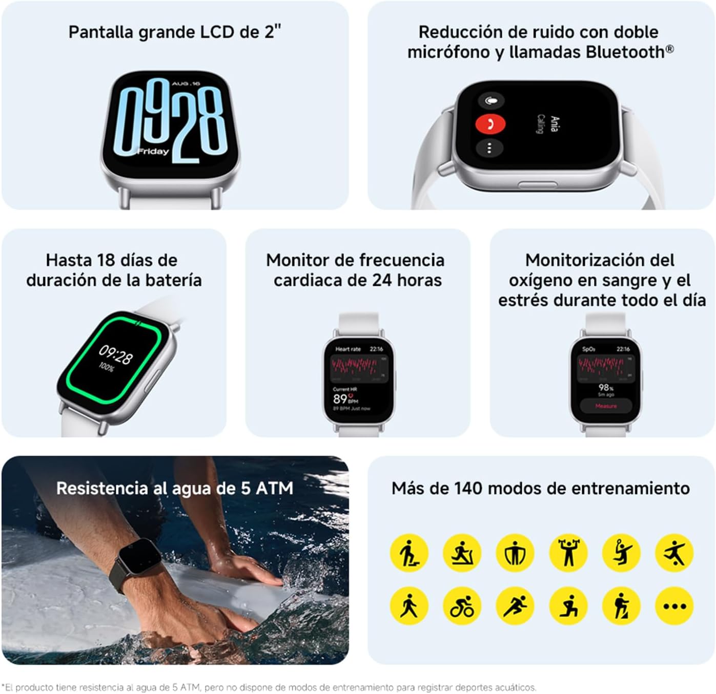 XIAOMI Redmi Watch 5 Active, chamadas Bluetooth, ecrã LCD de 2 polegadas, monitor de frequência cardíaca, 140 modos desportivos, até 18 dias de autonomia