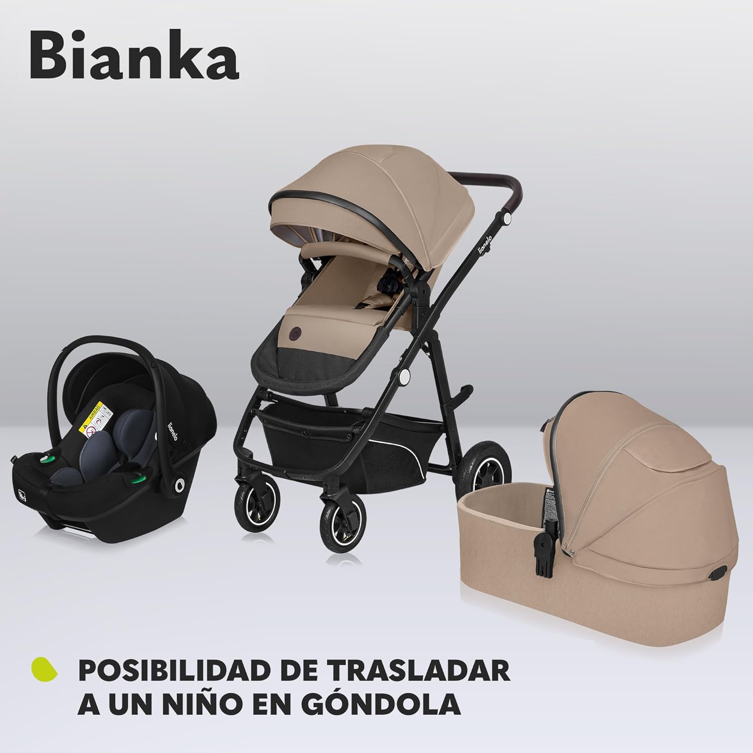 LIONELO BIANKA Carrinho de bebé 3 em 1 (22 kg) porta-bebés (9 kg) cadeira de carro (13 kg), dobrável, sistema de viagem encosto ajustável rodas 360o amortecimento, capô XXL, carrinho de bebé (bege)