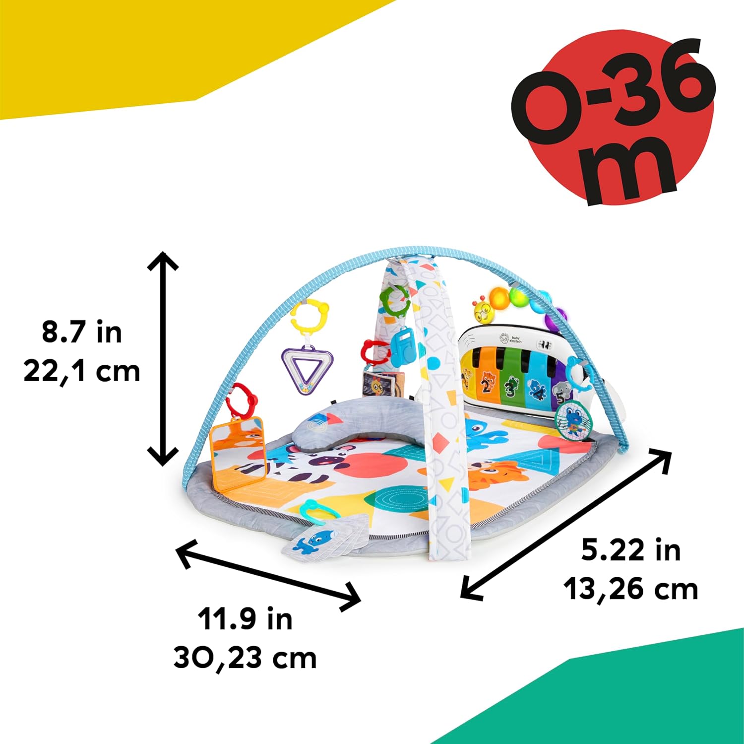 Baby Einstein, Gimansio de Actividades Musical para bebés 4en1 Kickin' Tunes con Piano, 70+ sonidos, 25+ min de música y luces, arco de juego, 7 juguetes extraíbles, 4 idiomas, desde recién nacido