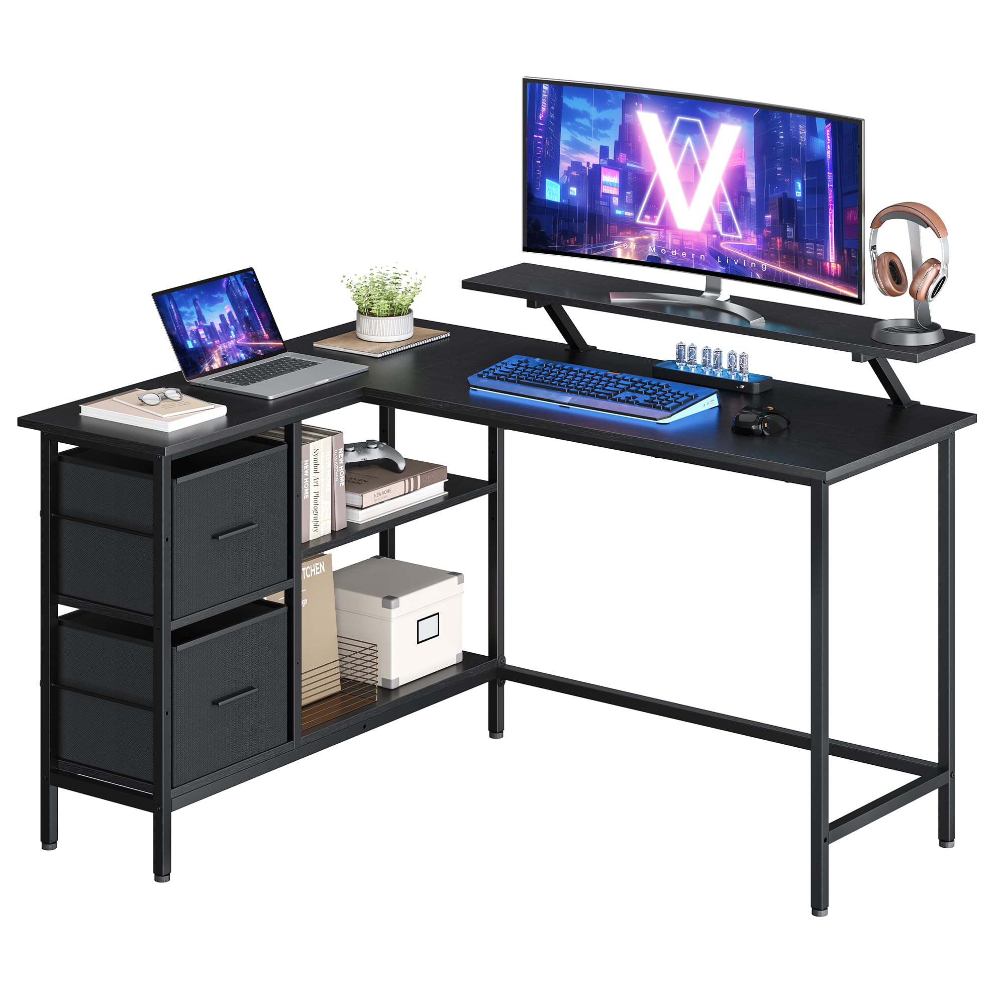 VASAGLE Escritorio en Forma de L, Esquinero, con 2 Amplios Cajones, Mesa con Soporte para Monitor, para Esquina, con Estante Ajustable, para Oficina Casa, Blanco Arce LWD097W01