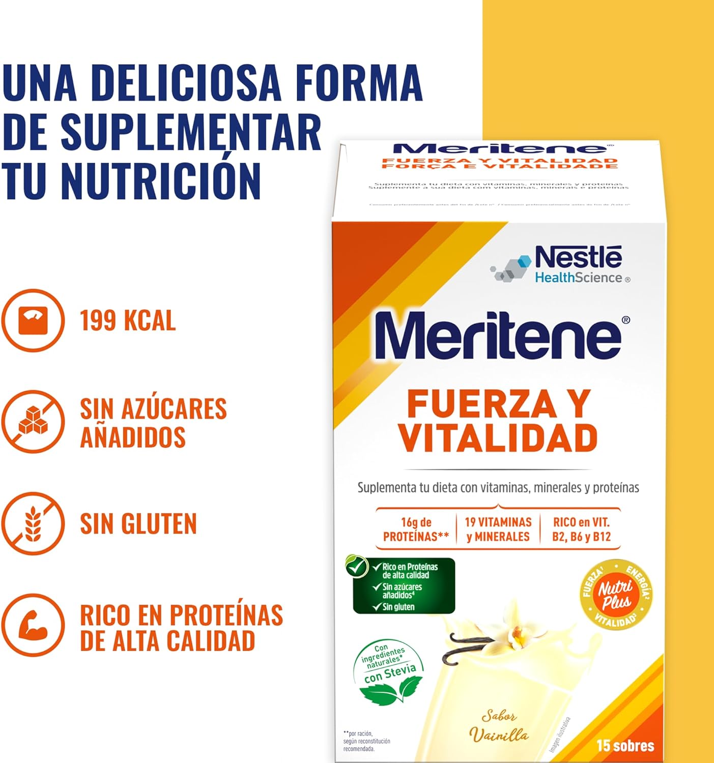Meritene | Fuerza y Vitalidad | Batidos Sabor Vainilla | Fuerza para tus Músculos, Vitalidad para ti | Solución Nutricional para Adultos con Proteínas, Vitaminas y Minerales | 15 Sobres | 450 gr