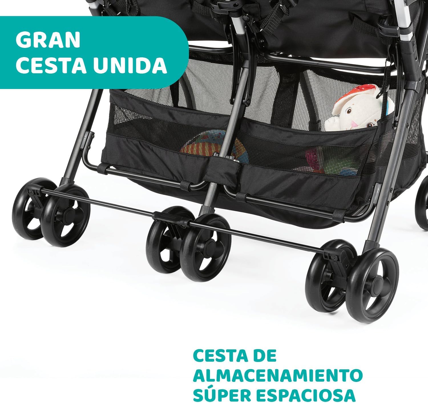 Chicco OHlalà Twin Cadeira de passeio gémeas de 0 meses a 15 kg, para botões de punho e irmãos, carrinho duplo reclinável e dobrável, leve, dobrável compacto, cobertura de chuva - cor preta