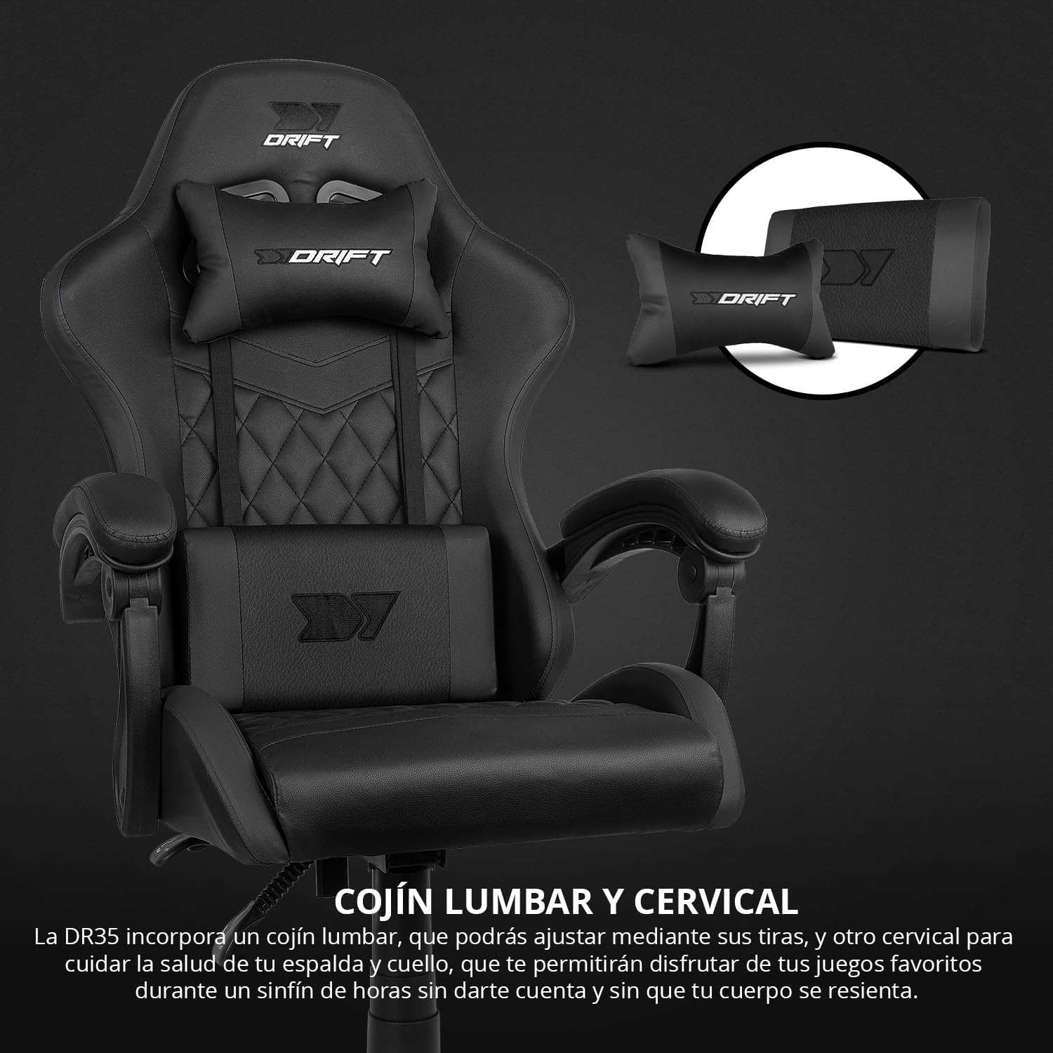 DRIFT GAMING DR35 Cadeira Gaming ergonómica profissional com apoios de braço 2D ajustáveis, suporte lombar e cervical, reclinável a 135°, estofada em couro sintético, rodas silenciosas, base robusta