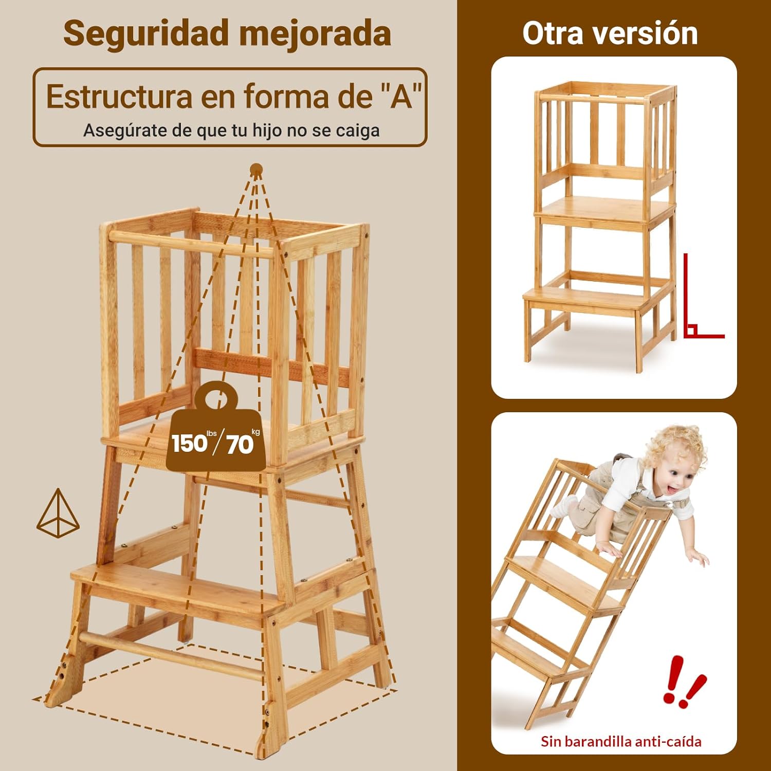 COSYLAND Torre de aprendizagem desde 18 meses - torre de aprendizagem para crianças - proteção anti-virar e barra de segurança - para casa de banho, quarto infantil e cozinha - cor bambu
