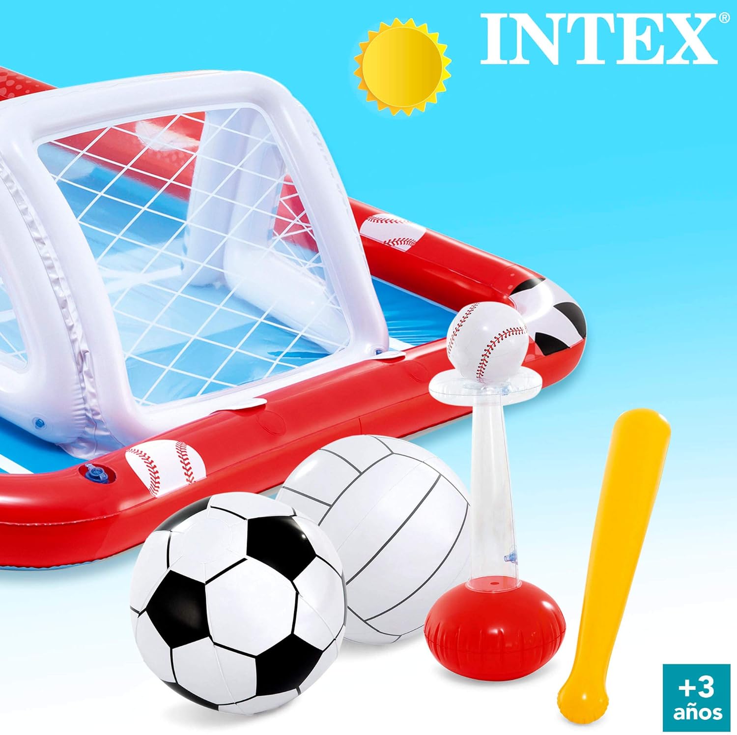 Intex 57147NP - Centro de jogos aquáticos insuflável INTEX, para crianças, medidas 325 x 267 x 102 cm, 470 litros, voleibol, futebol, basquetebol e beisebol, a partir dos 3 anos