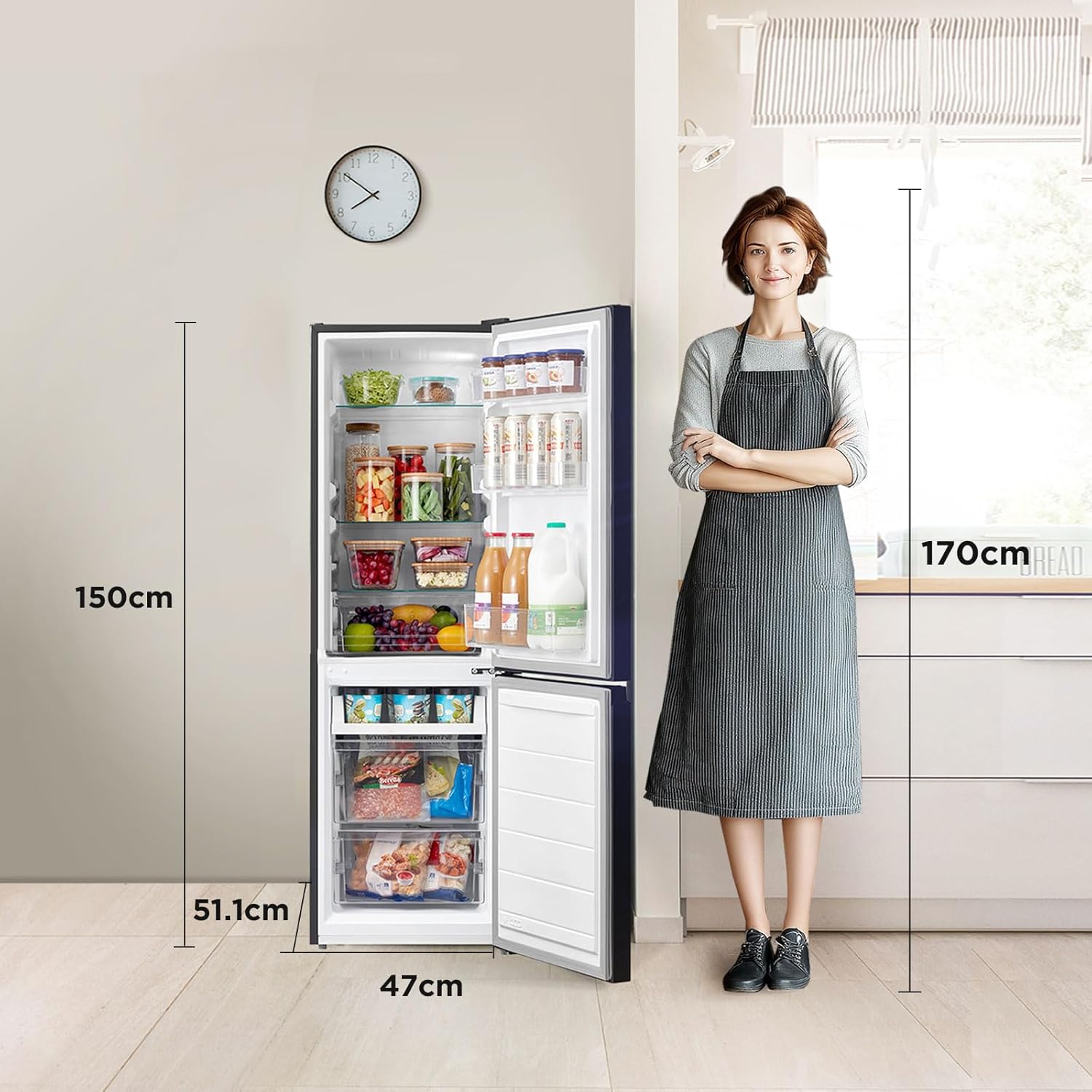Comfee ' RCB169DK2(E) 174L frigorífico com congelador/altura 150 cm/Low Frost/temperatura ajustável do frigorífico/luz LED/195 kWh/ano/115L frigorífico/59L congelador/preto