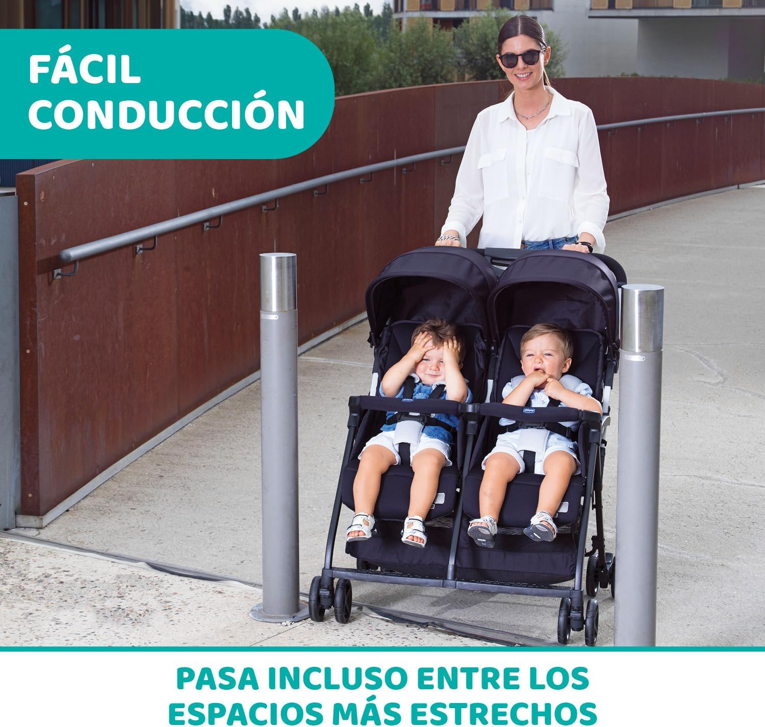 Chicco OHlalà Twin Cadeira de passeio gémeas de 0 meses a 15 kg, para botões de punho e irmãos, carrinho duplo reclinável e dobrável, leve, dobrável compacto, cobertura de chuva - cor preta
