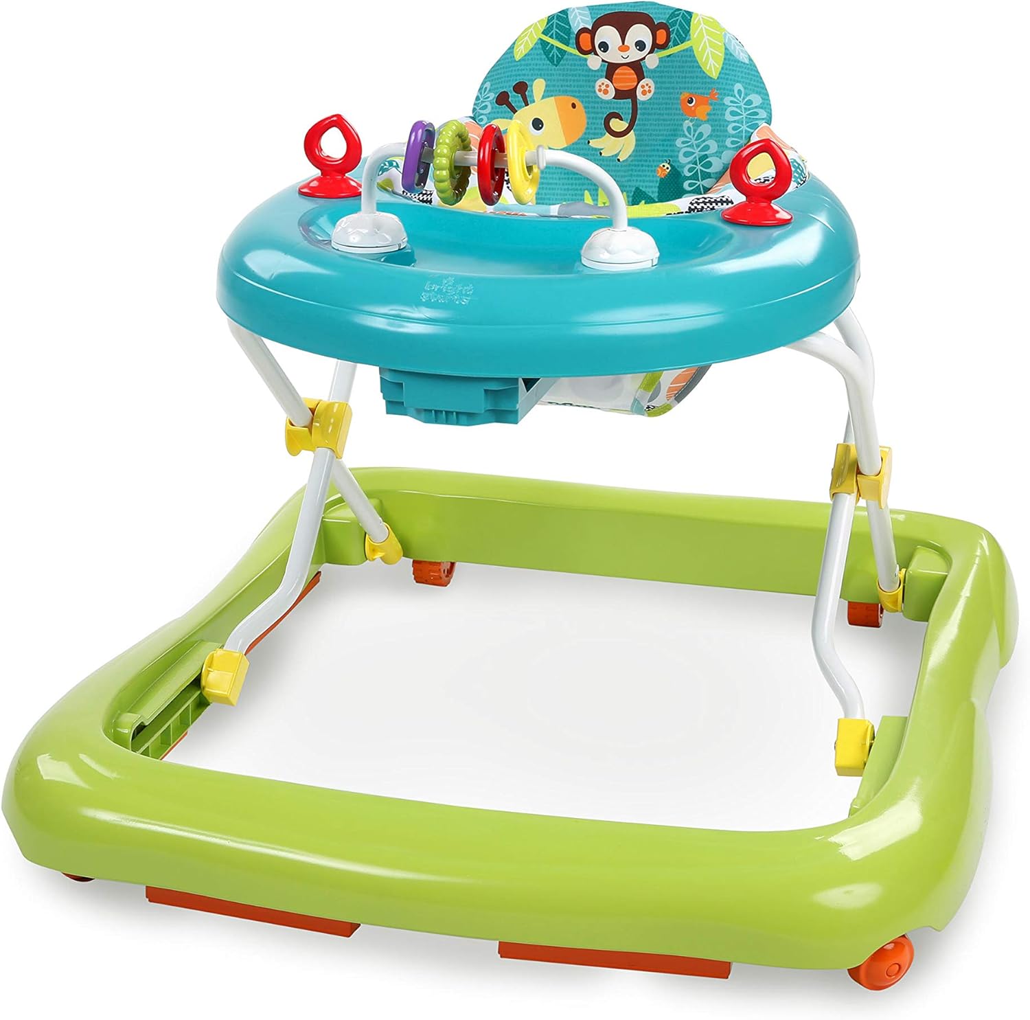 Bright Starts, Andador de primeiros passos dobrável para bebés Giggling Safari, brinquedo ábaco divertido e colorido, altura ajustável, assento removível, lavável na máquina, a partir dos 6 meses