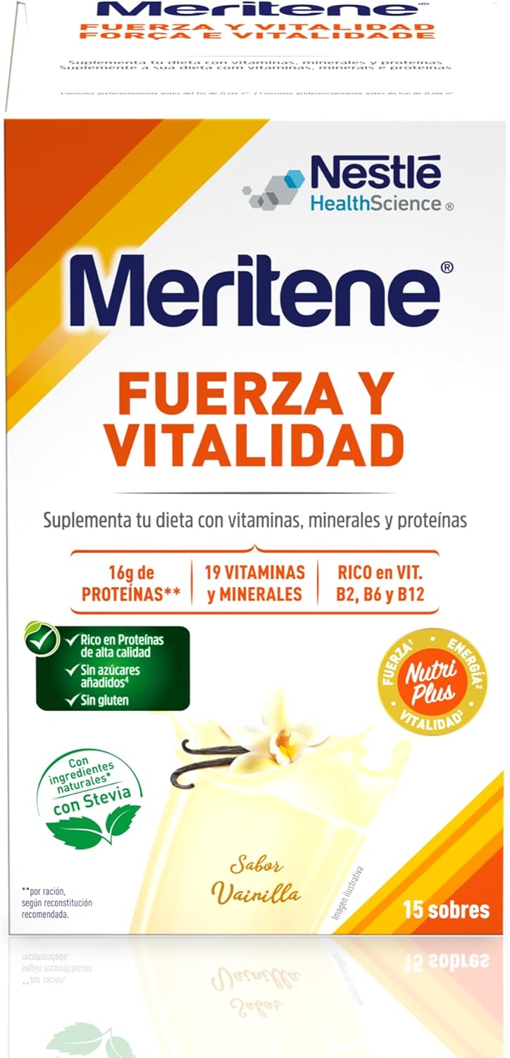 Meritene | Fuerza y Vitalidad | Batidos Sabor Vainilla | Fuerza para tus Músculos, Vitalidad para ti | Solución Nutricional para Adultos con Proteínas, Vitaminas y Minerales | 15 Sobres | 450 gr