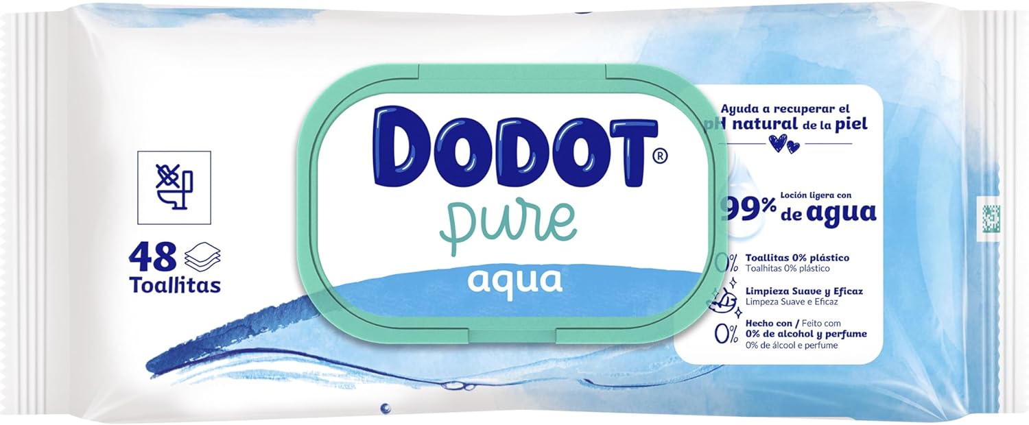 Dodot Toallitas Pure Aqua Para Bebé, 864 Toallitas (18 Packs de 48 Unidades), Ayuda A Restaurar El PH Natural De La Piel, 99% Agua, Sin plástico