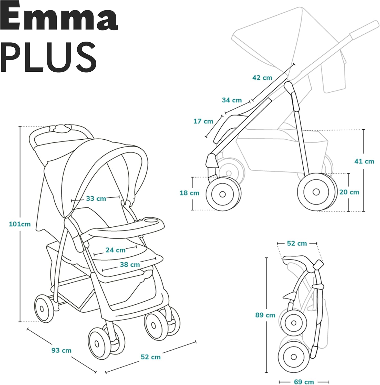 LIONELO Emma Plus Carrinho de passeio até 15 kg 6-36 M encosto ajustável cinto de segurança de 5 pontos capuz profundo organizador para pais