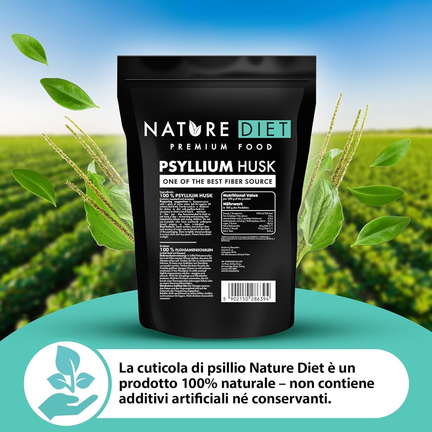 Nature Diet Casca de Psyllium 450 g | Alto em fibra, vegano, sem glúten e sem lactose, para dieta Keto & Low-Carb, ideal para bebidas e receitas
