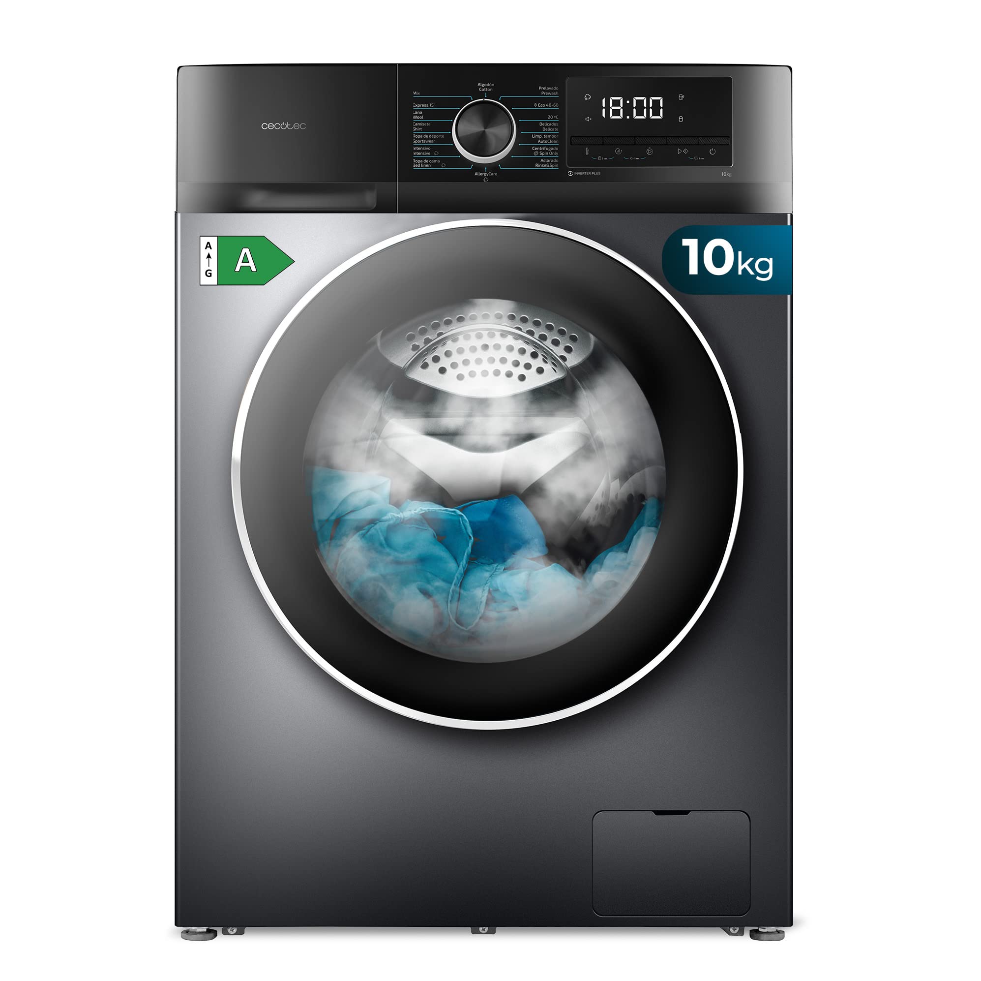 Cecotec Máquina de lavar 8 kg carga frontal Bolero Dresscode 8500 Inverter Steel A. 1900W, 1400 rpm, Inverter Motor Plus, baixo consumo, 16 programas, SteamMax, Delay Start, aço