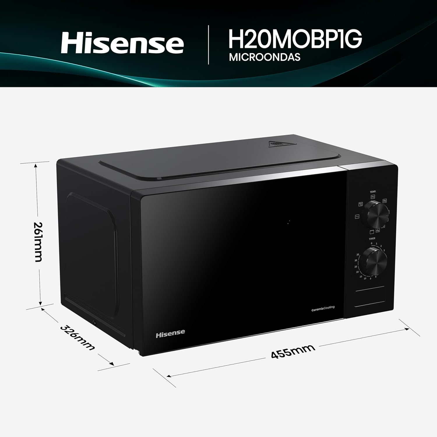 Hisense H20MOBP1G, micro-ondas com brilho de 20 l, 700 W de potência, 800 W Grill, revestimento cerâmico, vidro premium, 5 níveis, limpeza fácil, temporizador de cozedura, preto