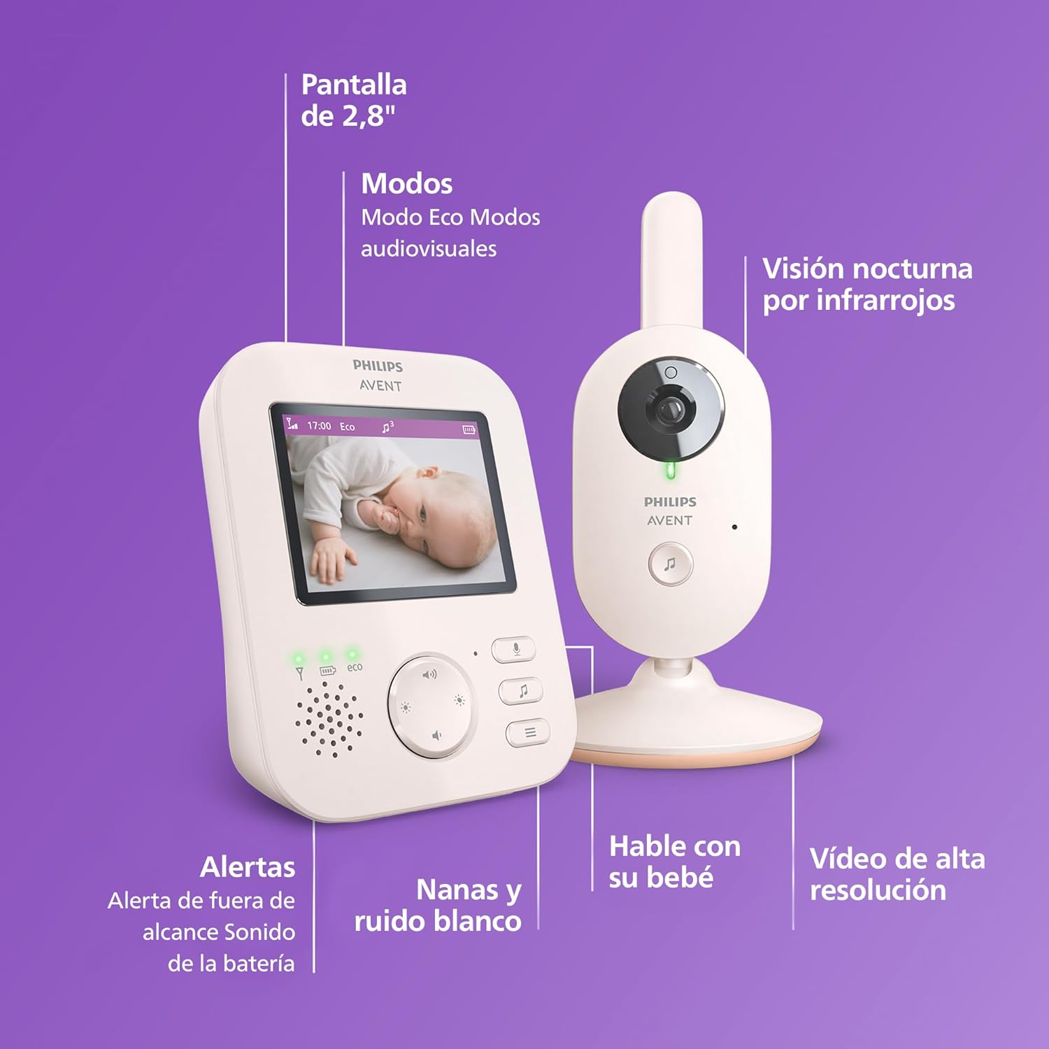 Philips Avent Vigilante para bebés com vídeo: Certificado DEKRA, privado e seguro com câmara e áudio, com ecrã de 2,8", Zoom 2X, visão noturna, áudio bidirecional e nanas, SCD881/26