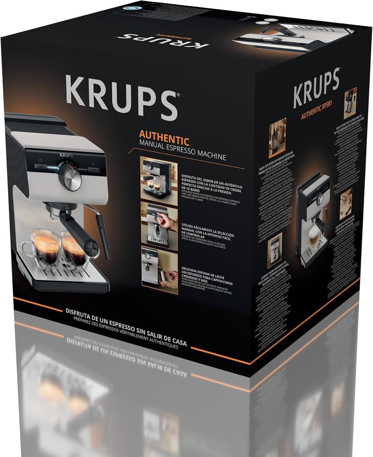 Krups Cafeteira expresso manual, autêntico, 15 barras de pressão, espumador de leite, ajuste manual, colher de medição e compactador, depósito de 2 l de capacidade, Inox, XP381B