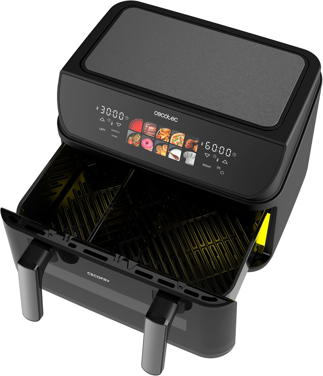 Cecotec Frigideira de ar 10 L, 4 resistências, Air Fryer, Cecofry&Grill Duoheat 10000. 2800 W, Dourado perfeito e sabor de grelha em carnes, parede divisória móvel, temperatura dupla, 10 menus