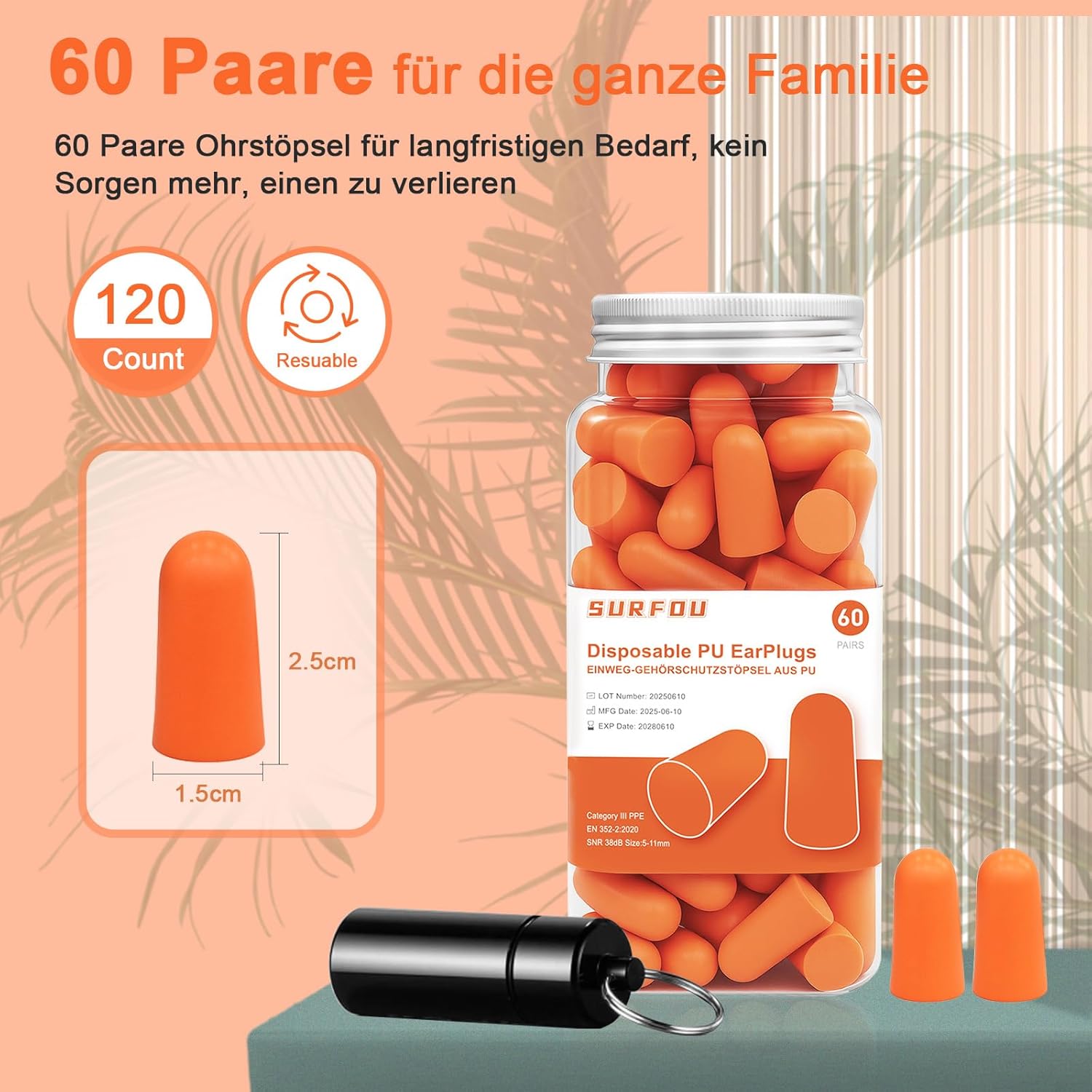 SURFOU Tampões de ouvido de ruído para dormir, 60 pares, redução 38 dB, reutilizáveis e ultra macias, ideais para pessoas que dormem de lado, viagens, casa e estúdio, laranja