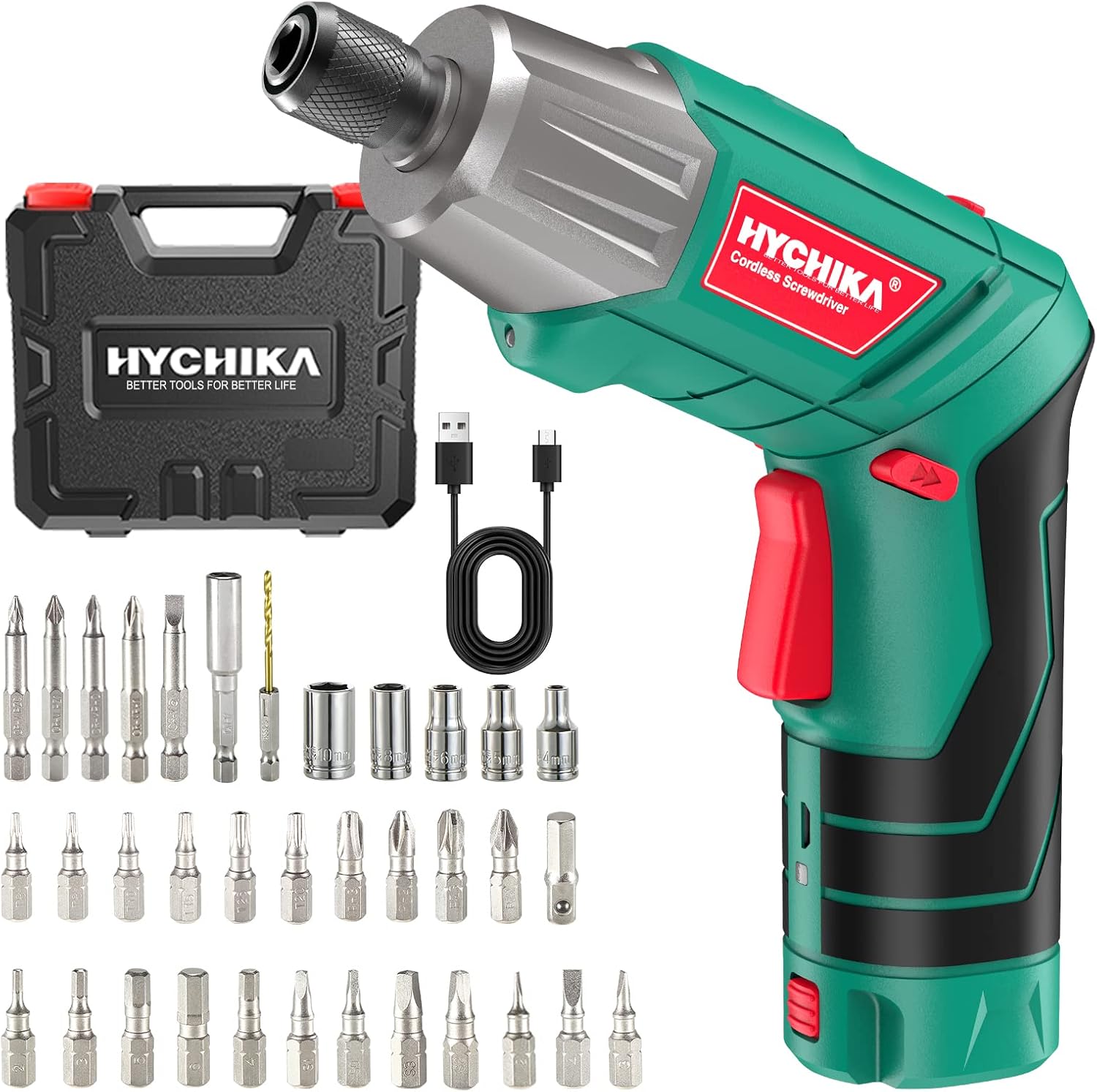 HYCHIKA Aparafusador elétrico de 6 N.m., chave de fendas sem fios (máximo torque de 6 N.m, 3,6 V, 2,0 Ah) lanterna de luz LED, chave dentada, carregador com cabo USB, 36 acessórios e estojo portátil