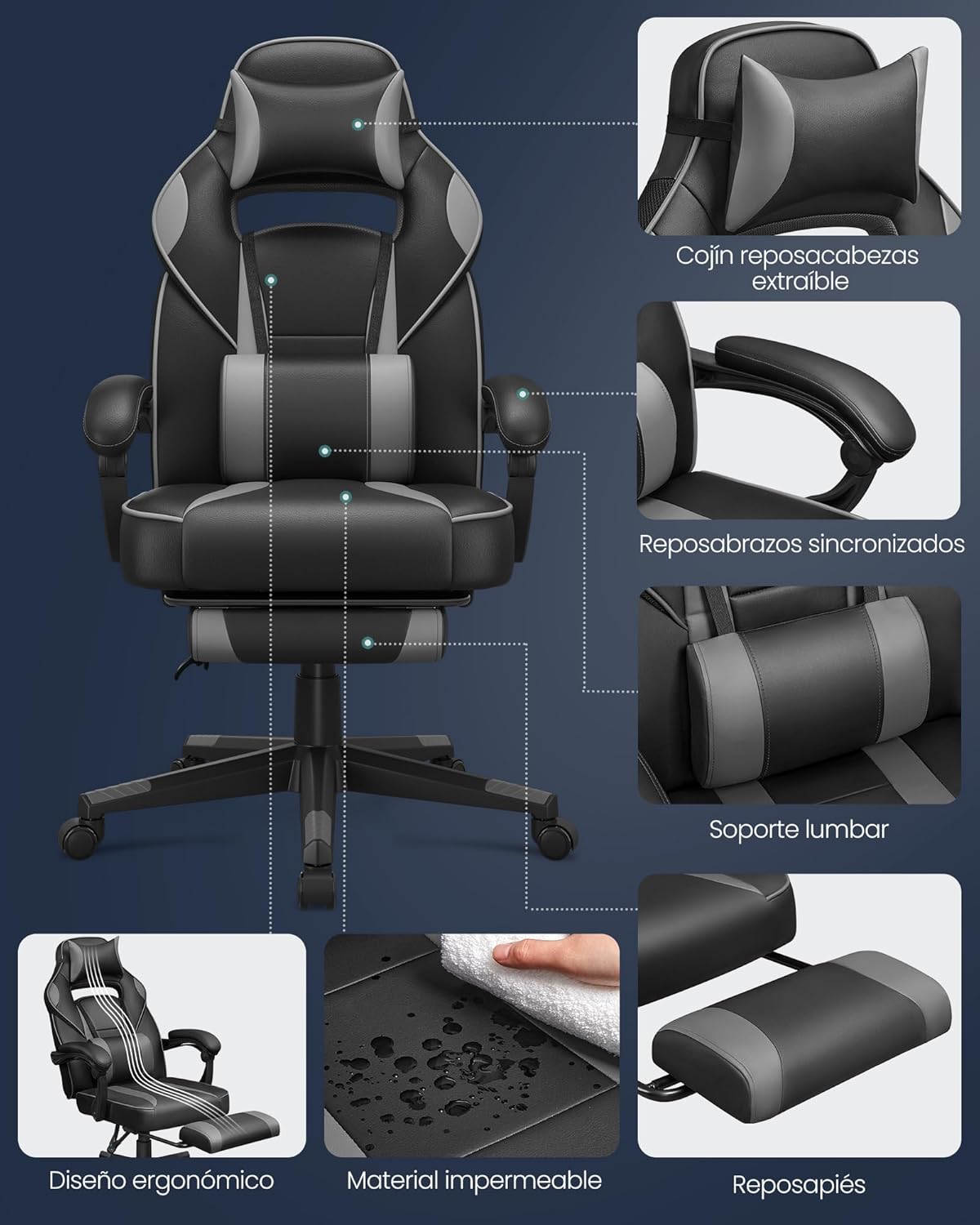 SONGMICS Cadeira de escritório, cadeira de jogos ergonómica, com apoio para os pés telescópico, encosto ajustável, apoio de cabeça e suporte lombar, carga de 150 kg, tinta preta e cinzento pombo