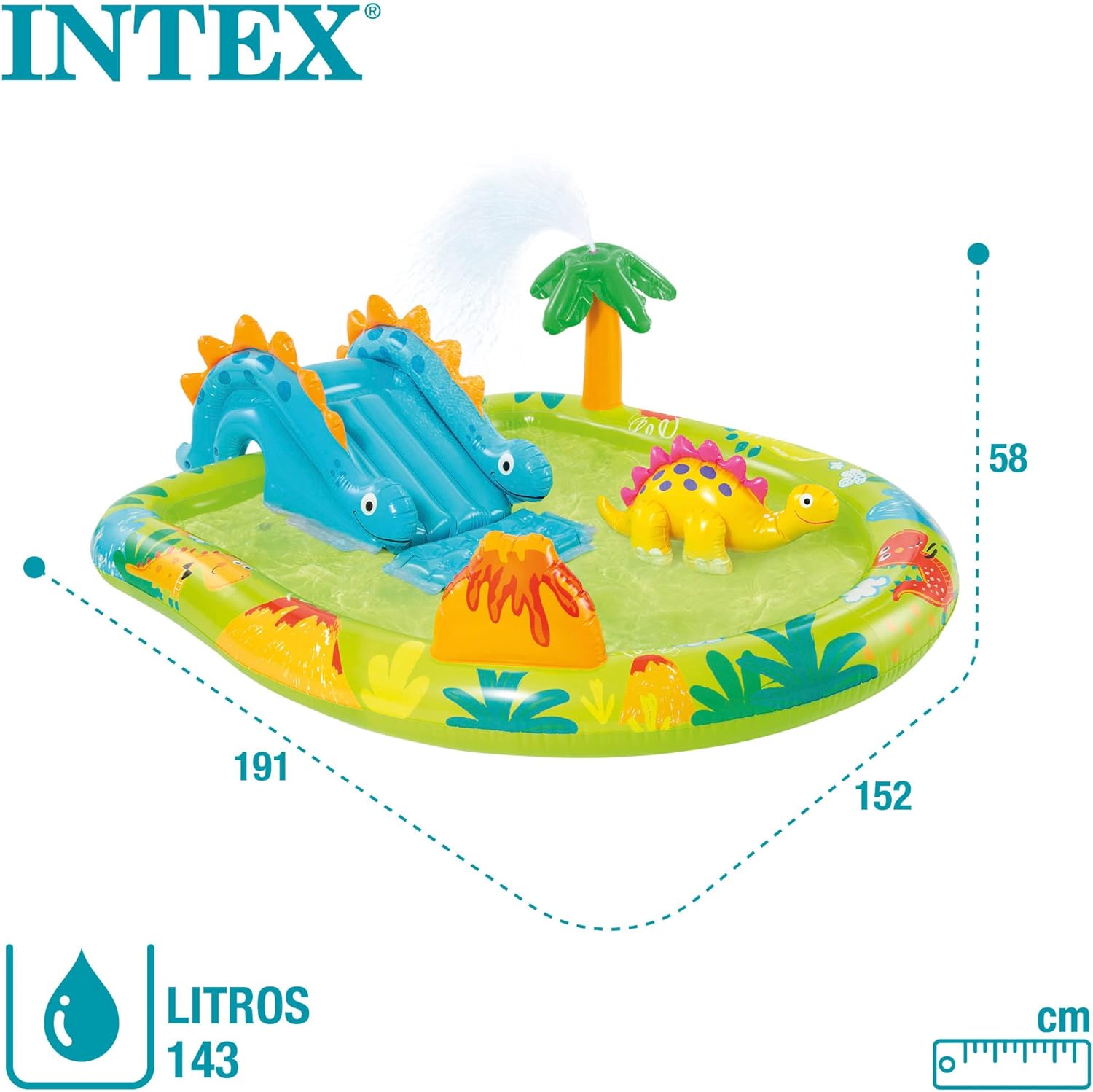 INTEX 57166 - Piscina infantil insuflável com dispersor de água e escorrega dinossauro, centro de jogos para crianças