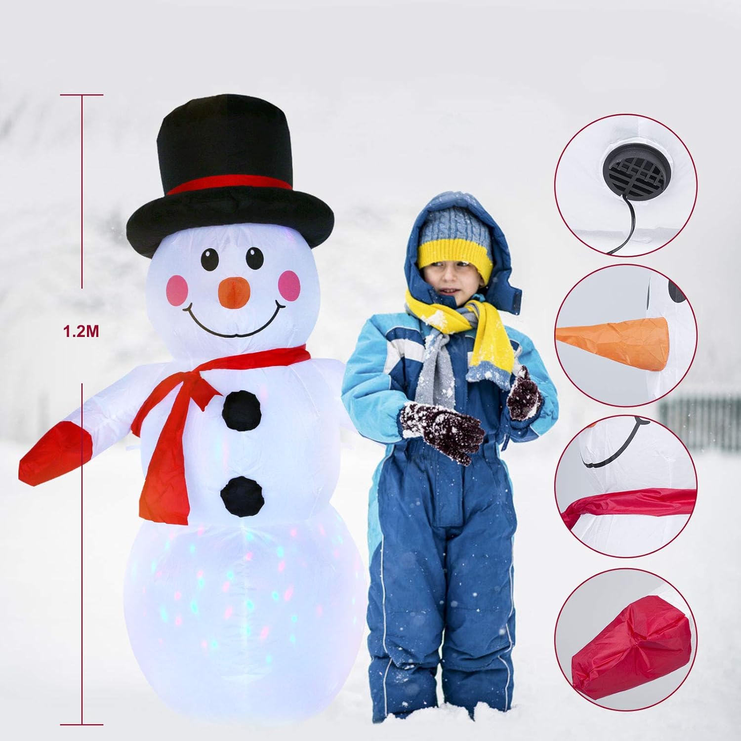120 CM Muñeco de Nieve Inflable, Uten 4 Pies Inflable Muñeco de Navideño Nieve con Luz LED, IP44 Decoración Navideña Inflable Impermeable con Cuerda de Clavos Fija Apto para Interior y Exterior