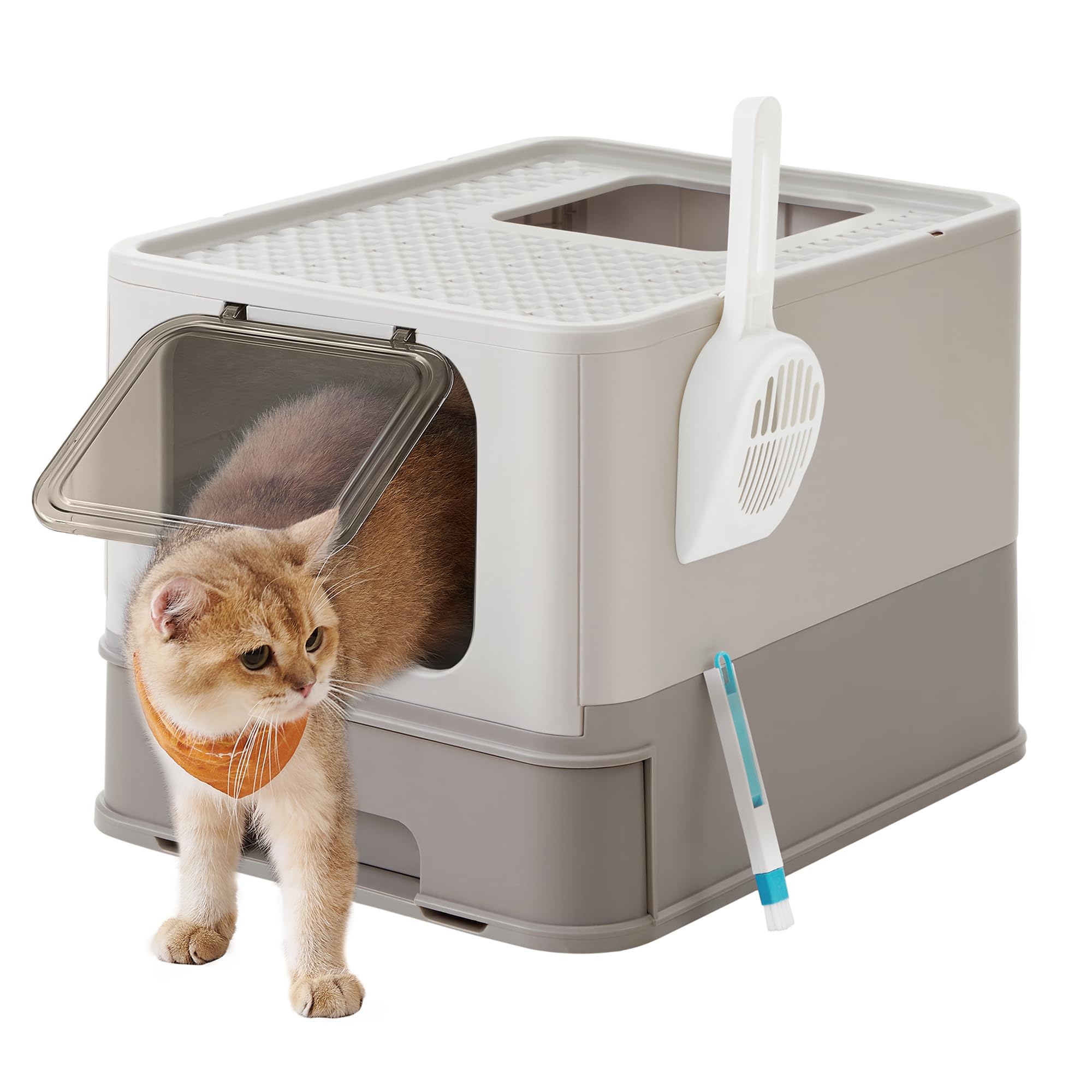 Feandrea Areia para gatos, caixa de areia com bandeja removível, pá, escova, espaço para gatos grandes, carga de 15 kg, anti-filtração, anti-fugas, bege e preto PPT001W01