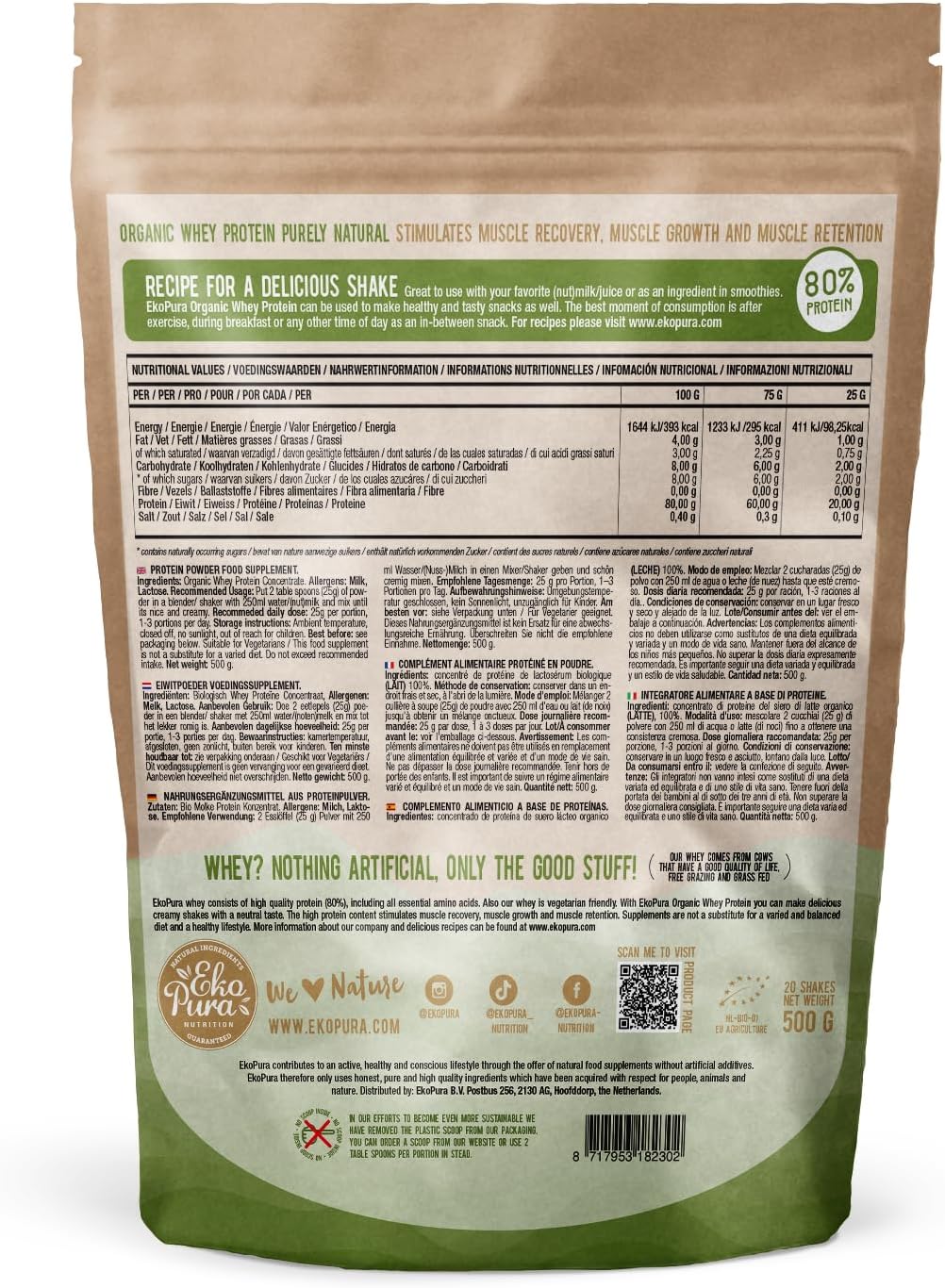 Organic Whey Protein - Purely Natural - 80% Proteína - Proteína de suero Orgánico - Sin Aditivos - Libre de GMO - Sin Soja - 500g