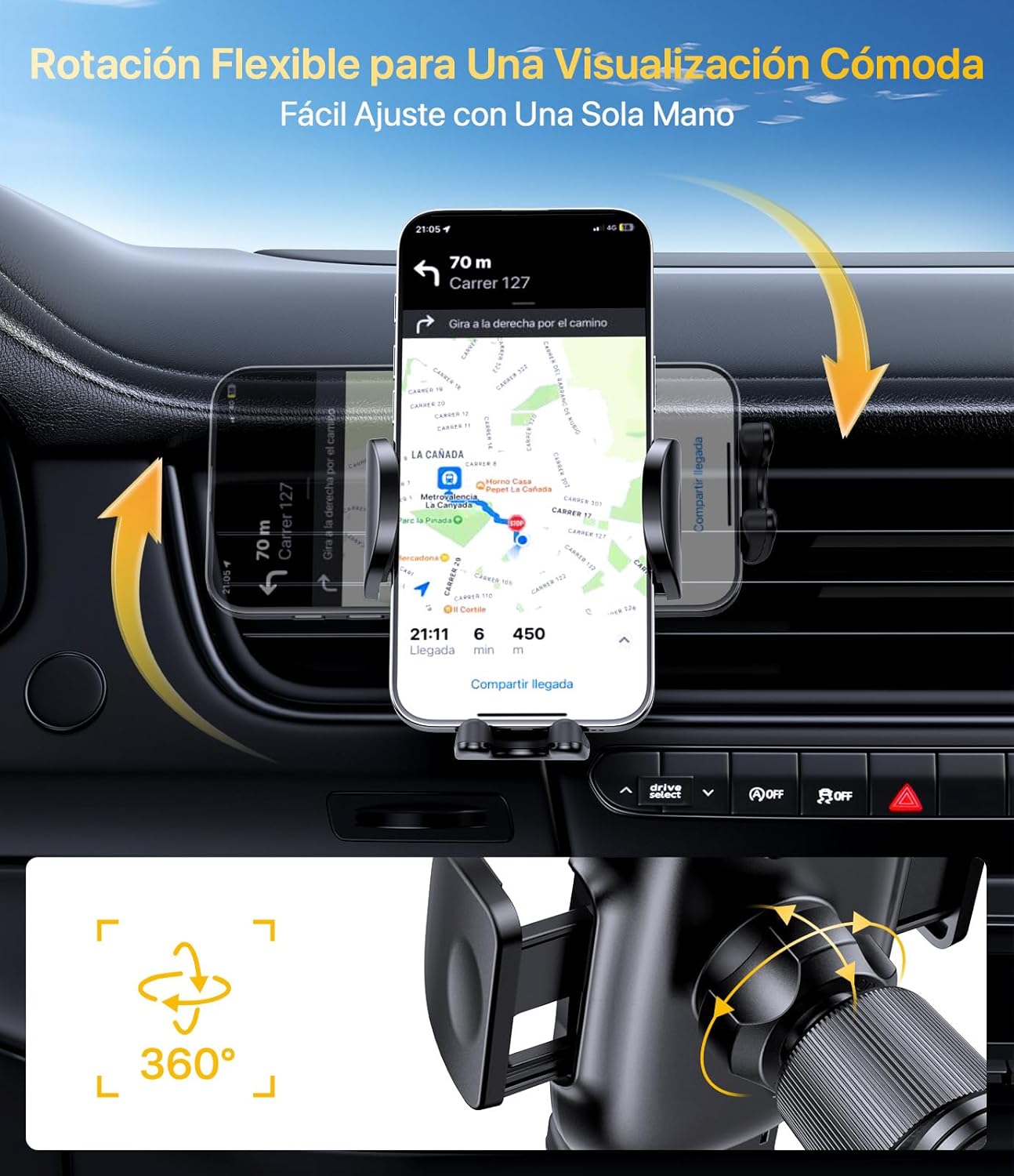 Miracase 2025 Suporte móvel carro [gancho metálico resistente] suporte de telemóvel carro em rotação 360° e manuseio com uma mão, compatível com telemóveis 4,0''-7,0''