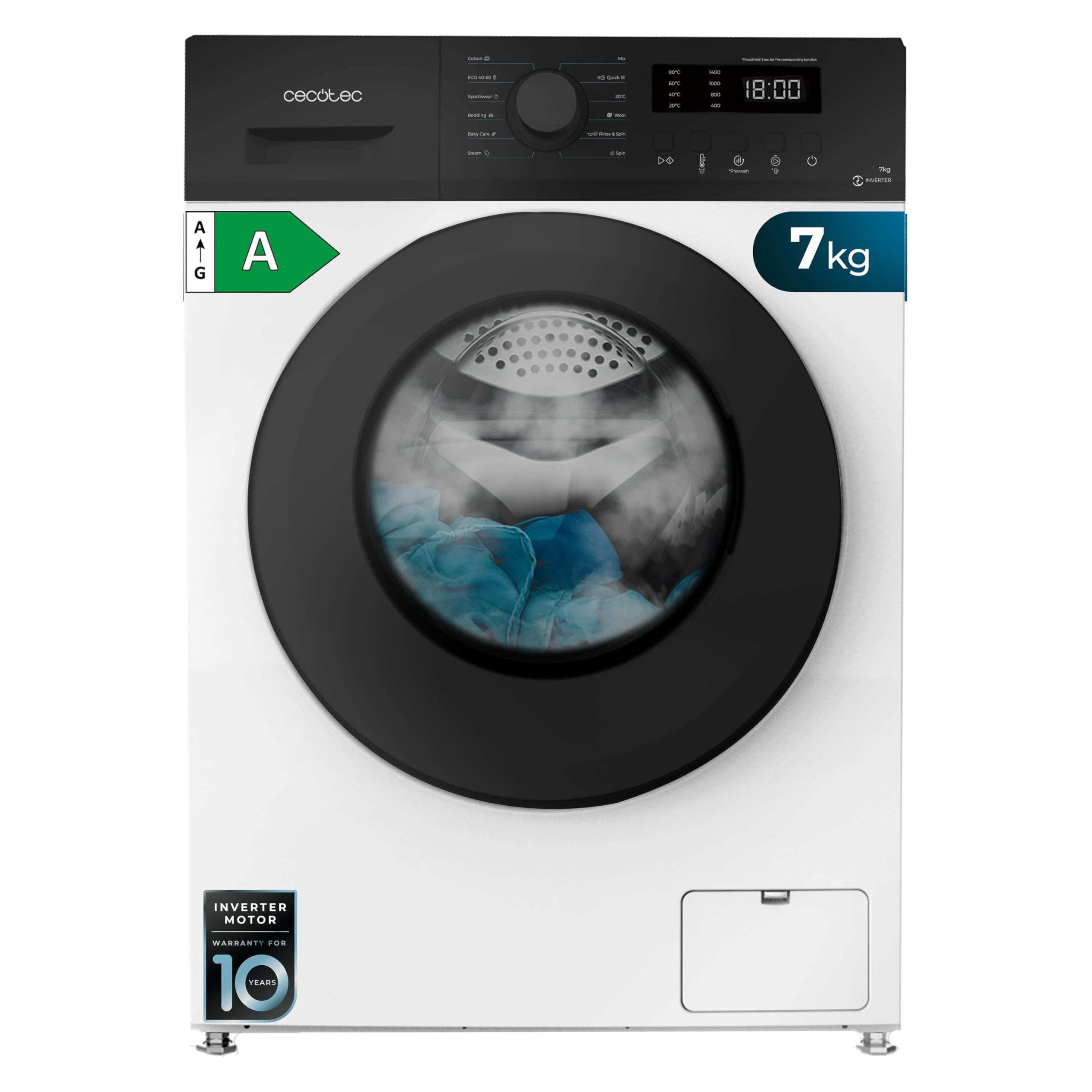 Cecotec Máquina de lavar 6 kg carga frontal Bolero DressCode 6160 Inverter. 1200 RPM, 11 programas, baixo consumo, motor inverter Plus, Steam Max, Drum Clean, programa rápido de 15", painel com