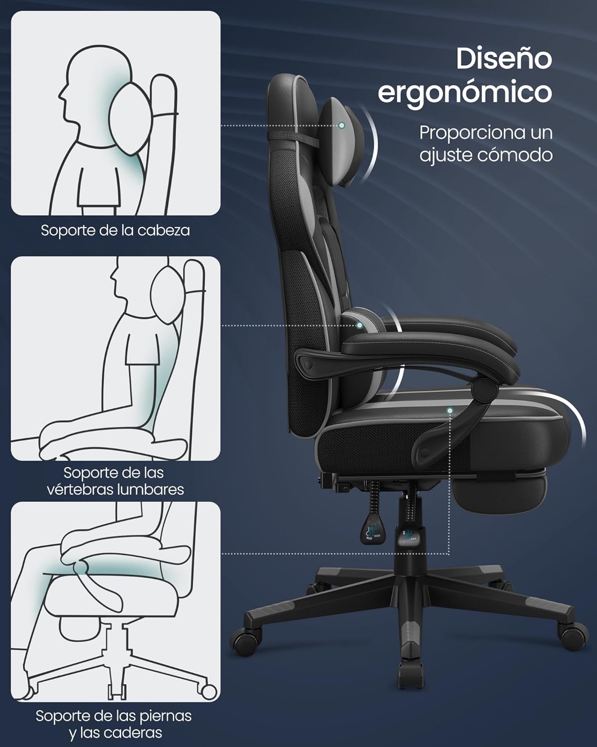 SONGMICS Cadeira de escritório, cadeira de jogos ergonómica, com apoio para os pés telescópico, encosto ajustável, apoio de cabeça e suporte lombar, carga de 150 kg, tinta preta e cinzento pombo