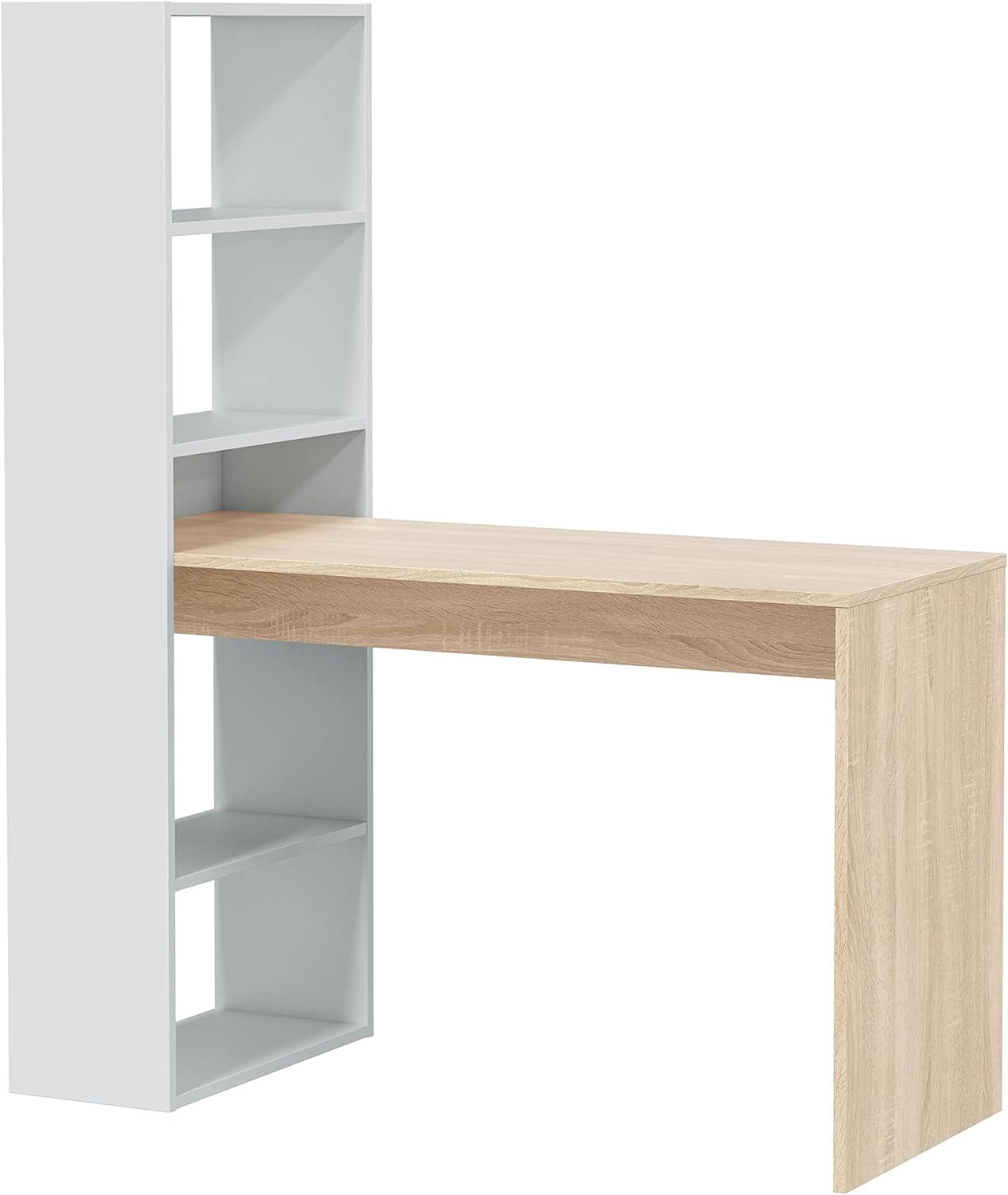 Habitdesign Mesa com prateleira reversível, mesa de computador, branco Artik e carvalho canadian, modelo duplo, medidas: 120 cm (largura) x 53 cm (fundo) x 144 cm (altura)