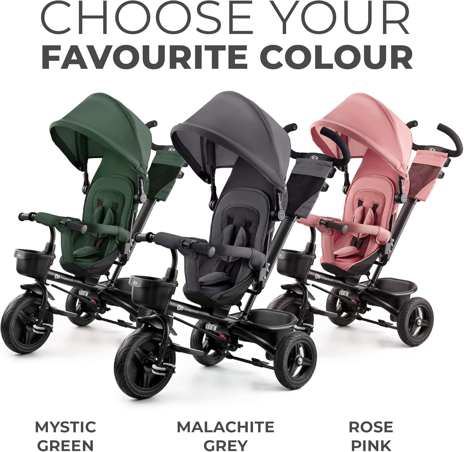 Kinderkraft AVEO Triciclo Bebé, Plegable, Trike, Bicicleta para Niños, Triciclo Evolutivo, Triciclo Sin Pedales, Bicicleta Bebe, Con Accesorios Práctico, Dos Cestas, 9 Meses a 25 kg, Verde