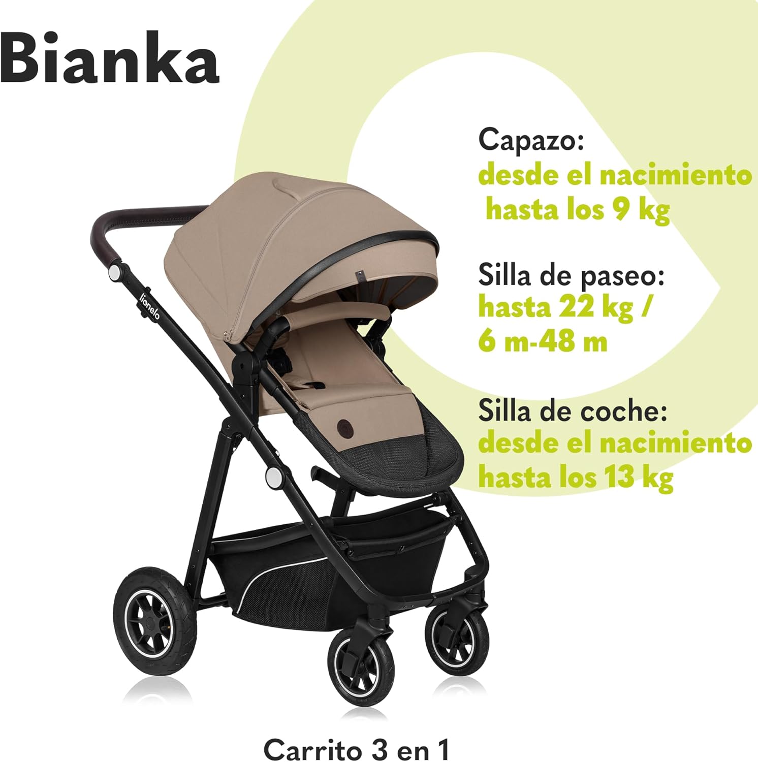 LIONELO BIANKA Carrinho de bebé 3 em 1 (22 kg) porta-bebés (9 kg) cadeira de carro (13 kg), dobrável, sistema de viagem encosto ajustável rodas 360o amortecimento, capô XXL, carrinho de bebé (bege)