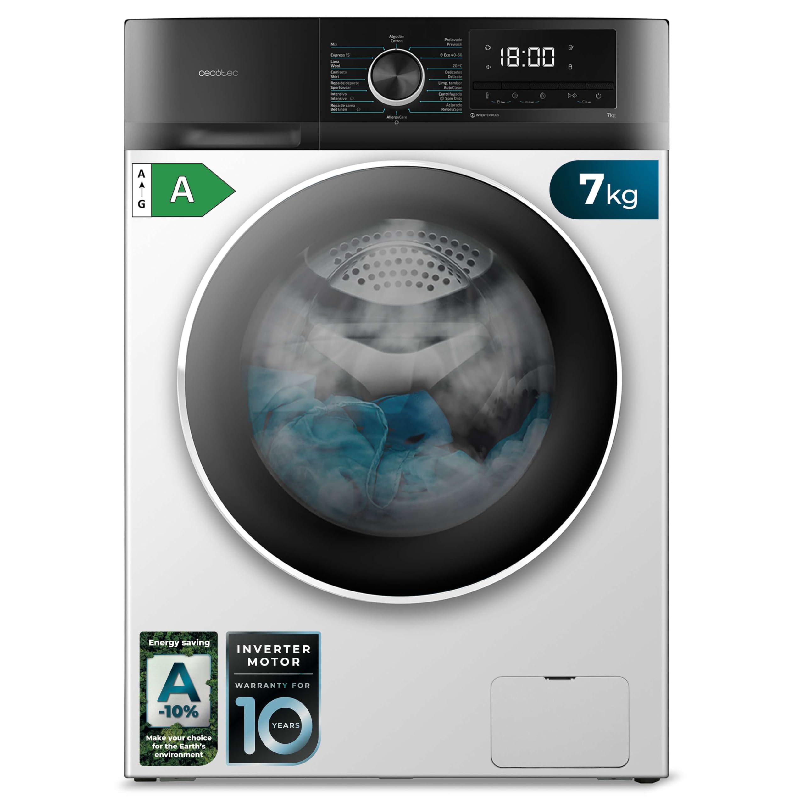 Cecotec Máquina de lavar 8 kg carga frontal Bolero Dresscode 8500 Inverter Steel A. 1900W, 1400 rpm, Inverter Motor Plus, baixo consumo, 16 programas, SteamMax, Delay Start, aço
