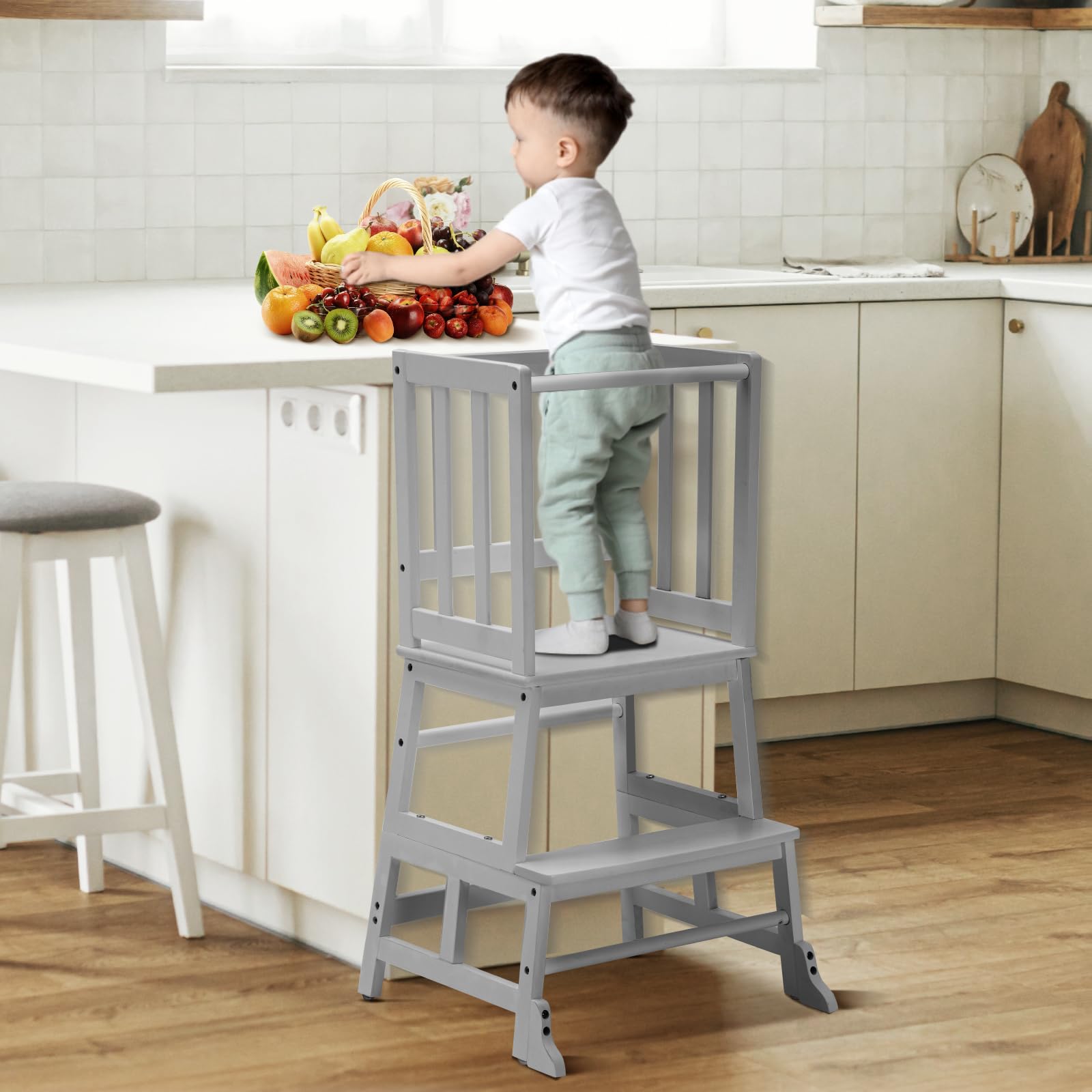 COSYLAND Torre de aprendizagem desde 18 meses - torre de aprendizagem para crianças - proteção anti-virar e barra de segurança - para casa de banho, quarto infantil e cozinha - cor bambu