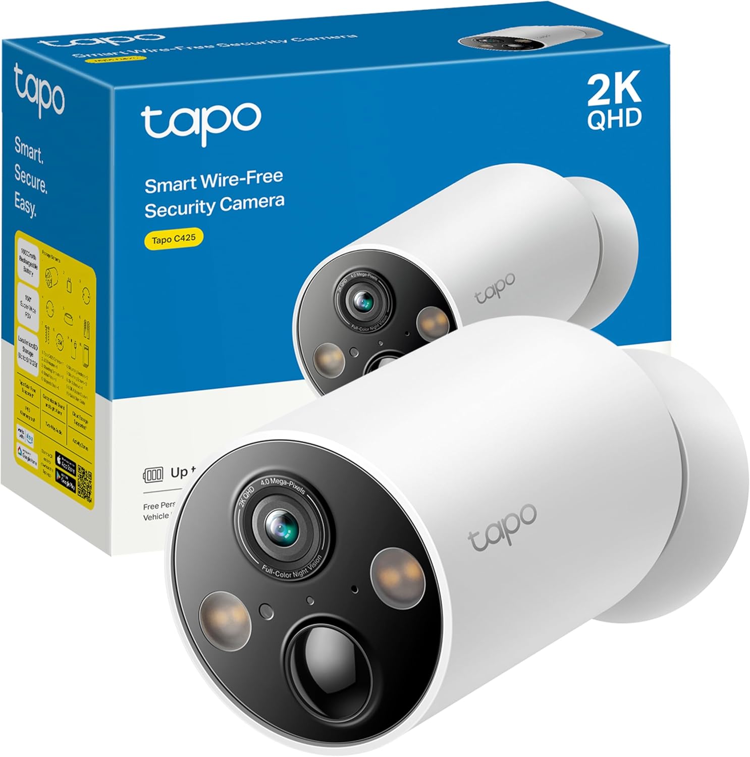 Tapo [2024 novo] C425 - Câmara Wi-Fi de bateria para exterior/interior, 2K QHD, 1000 mAh, IA aprimorada, visão noturna colorida, base magnética, sem necessidade de hub, compatível com Painel solar