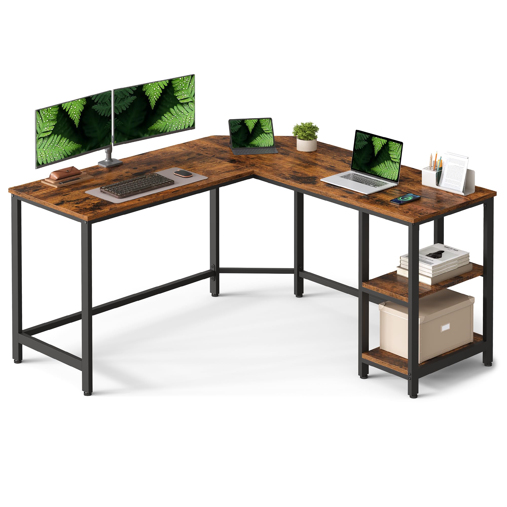 VASAGLE Secretária, mesa de computador em forma de L, 120 x 130 x 76 cm, esquina com 2 prateleiras, economiza espaço, para escritório casa, jogos, castanho rústico e preto tinta LWD123K01