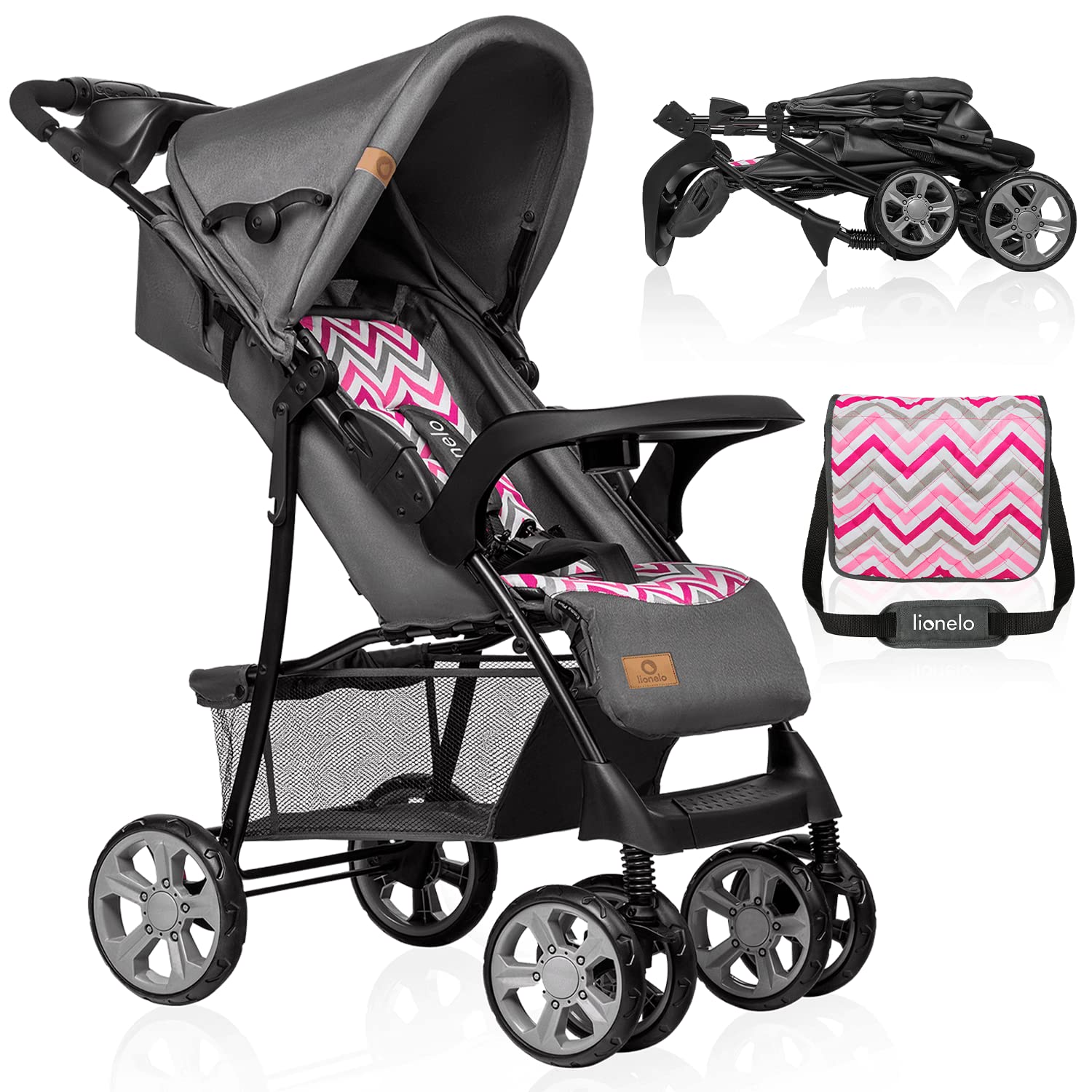 LIONELO Emma Plus Carrinho de passeio até 15 kg 6-36 M encosto ajustável cinto de segurança de 5 pontos capuz profundo organizador para pais