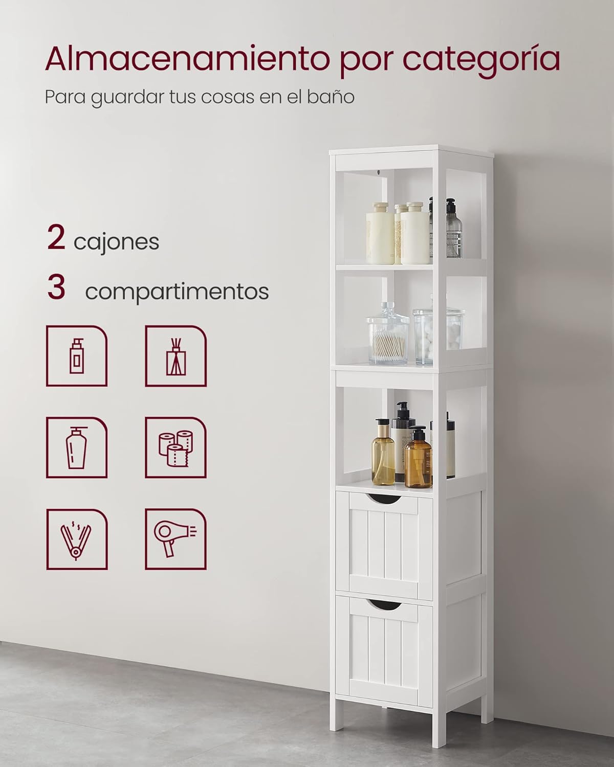 VASAGLE Armário de casa de banho, armário independente, confortável de 2 gavetas, 1 compartimento aberto, para casa de banho, sala de estar, cozinha, branco BBC42WT