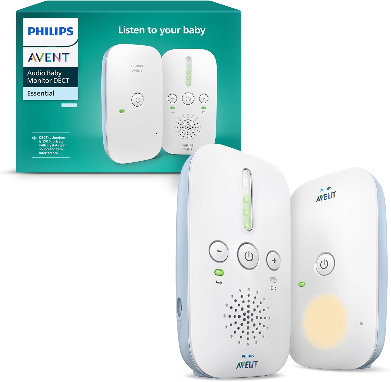 Philips Avent, monitor de bebé com áudio DECT, áudio bidirecional, sem interferências, intervalo de 330 m, 24 horas de duração da bateria, modo ecológico inteligente, luz noturna, SCD503/26