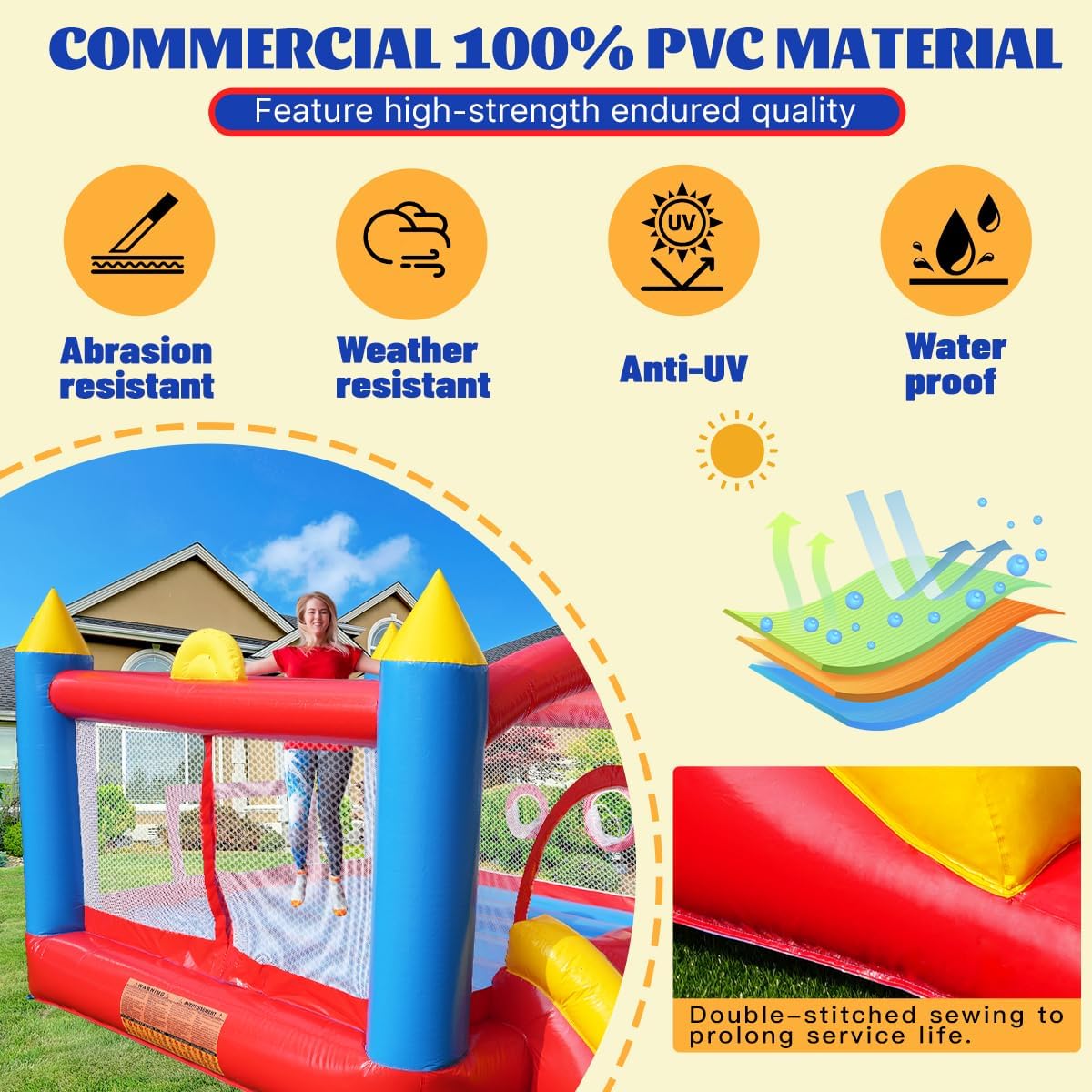 Ballsea Castillo Hinchable de PVC con soplador, trampolín, tobogán y Red de Seguridad. Este Castillo Hinchable está Hecho de PVC y es Adecuado para el hogar, el Exterior, la guardería o el Comercio
