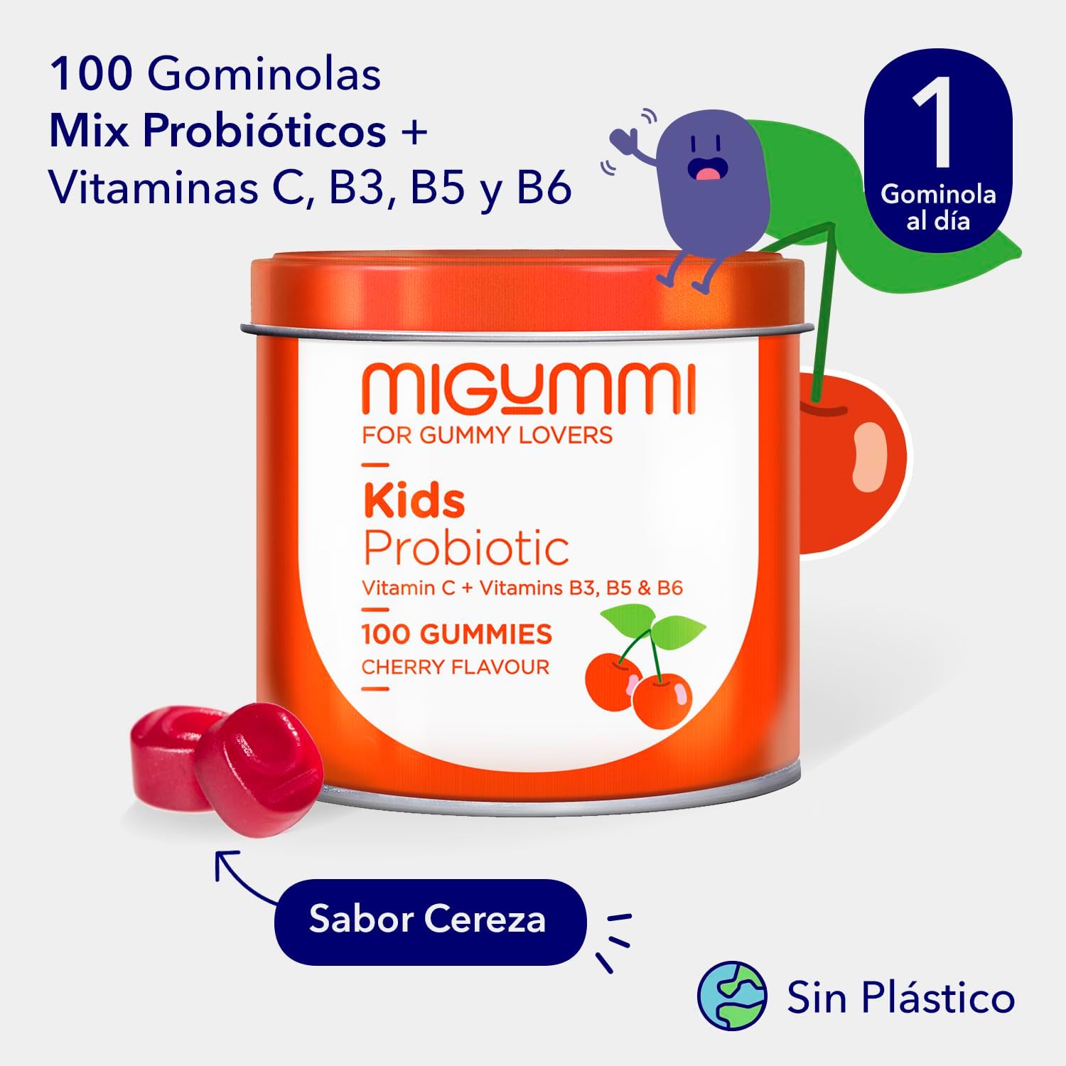 Gominolas probióticas para crianças, 100 Gummies, sabor natural cereja, probióticos, vitamina C, B3, B5 e B6, Flora intestinal, e inchaço, vitaminas para crianças, veganas, sem glúten