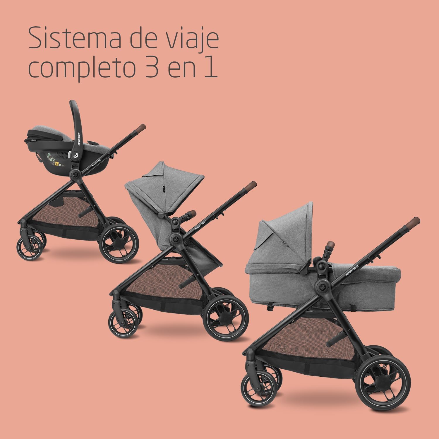 Maxi-Cosi Zelia S Trio carrinho de bebé 3 peças, 0 - 4 anos, até 22 kg, dobrável, compacto e reclinável, com abrioFix S i-Size cadeira carro bebé, acessórios, bolsa trocador, cinzento