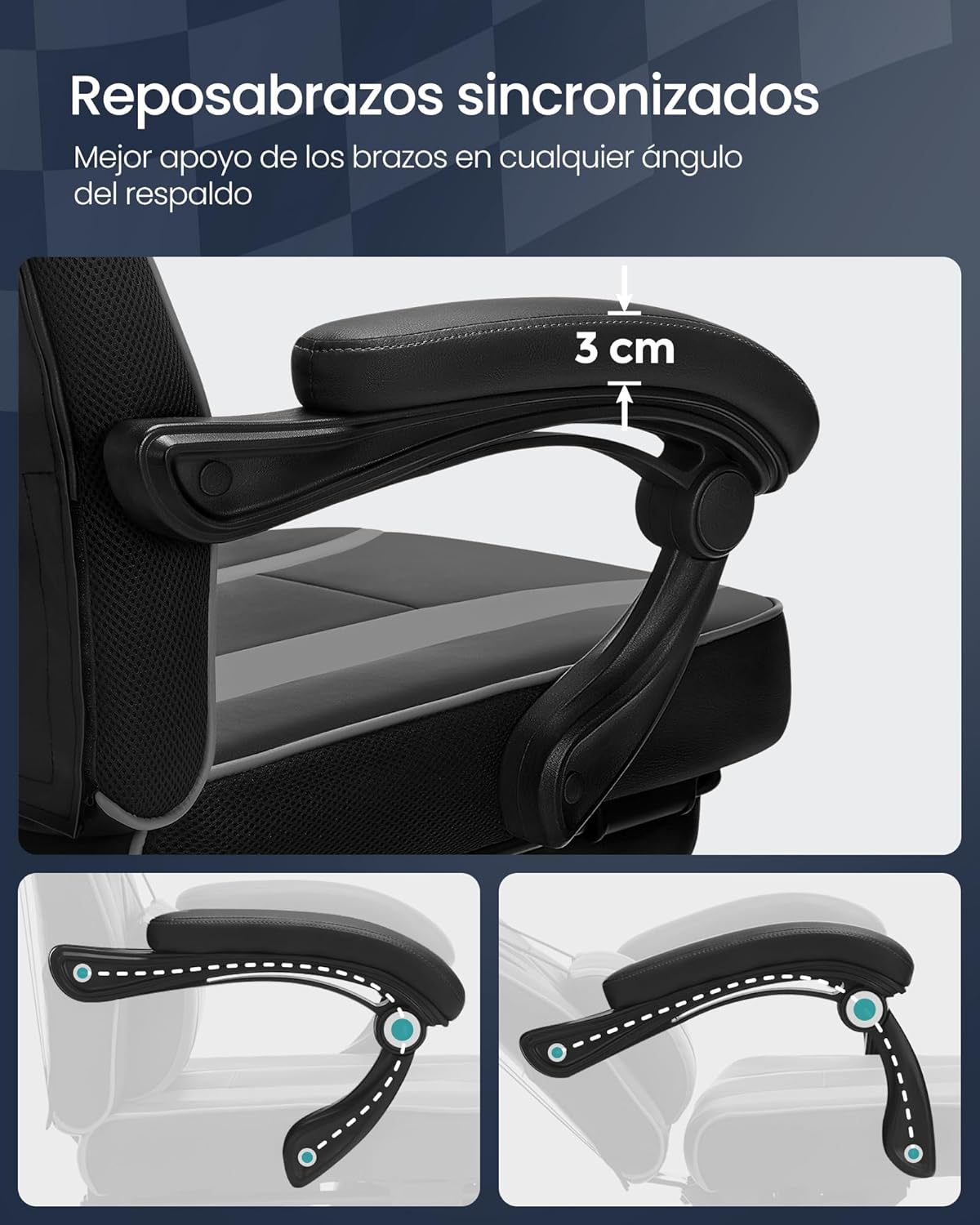 SONGMICS Cadeira de escritório, cadeira de jogos ergonómica, com apoio para os pés telescópico, encosto ajustável, apoio de cabeça e suporte lombar, carga de 150 kg, tinta preta e cinzento pombo