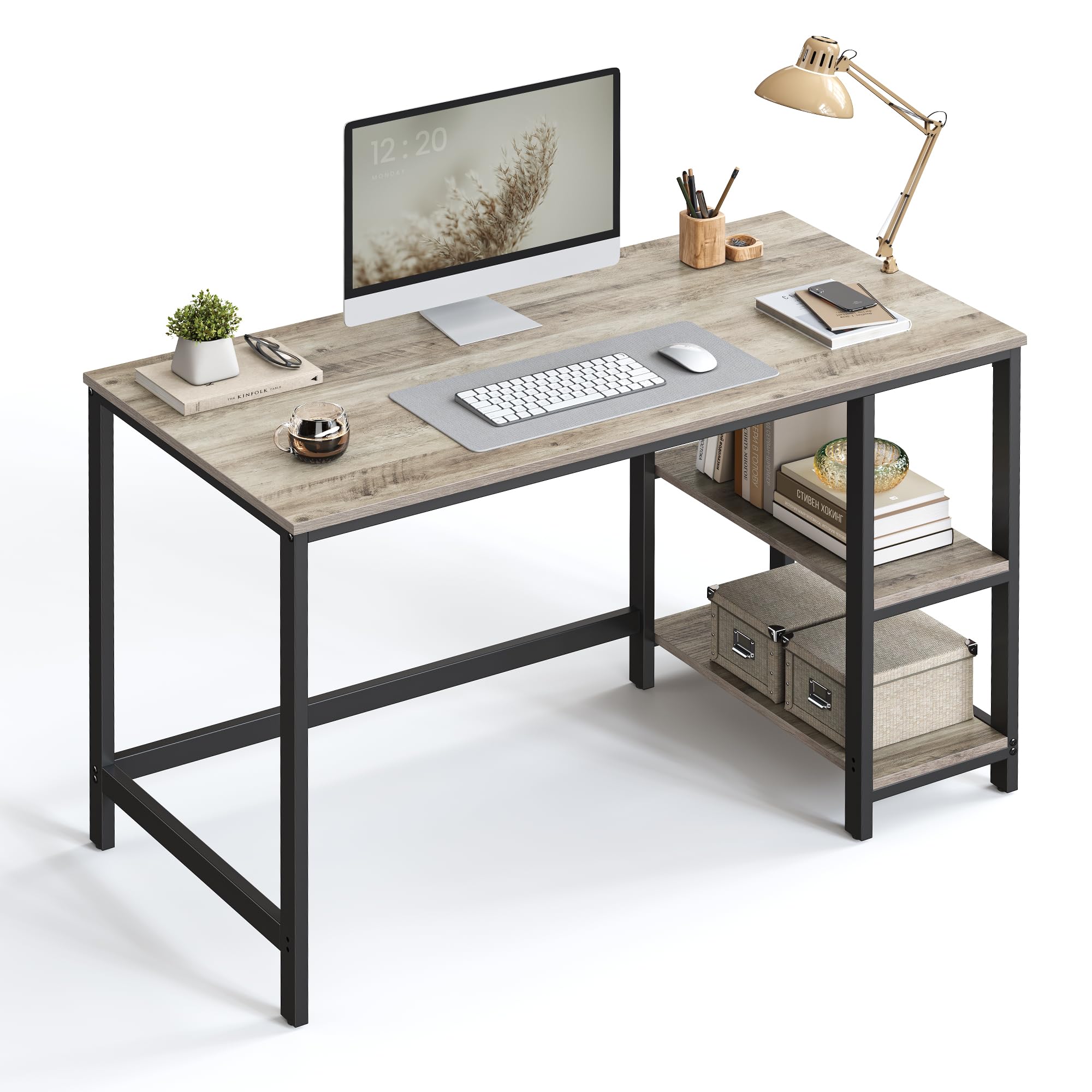 VASAGLE Secretária, mesa de computador, com 2 prateleiras à esquerda ou à direita, para escritório, quarto, estrutura de aço, industrial, castanho rústico e preto LWD47X