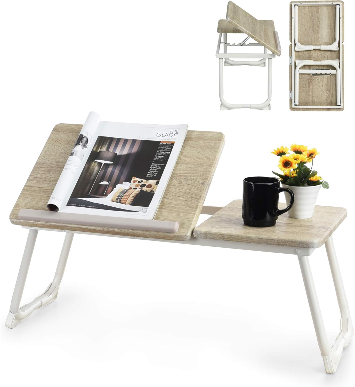 MEUBLE COSY - Mesa de cama con soporte para ordenador portátil plegable (altura regulable, tablero acabado de roble, base de metal blanco, 65 x 30 x 27,5 cm)