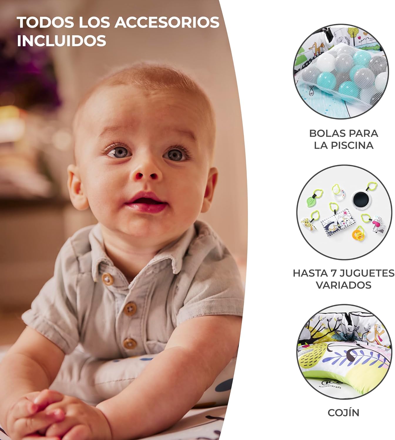 kk Kinderkraft SMARTPLAY Ginásio para bebé, tapete para crianças, tapete de bebé, 7 brinquedos, 20 bolas, 2 arcos, com acessórios, para bebé, multifuncional, piscina seca, multicolorido